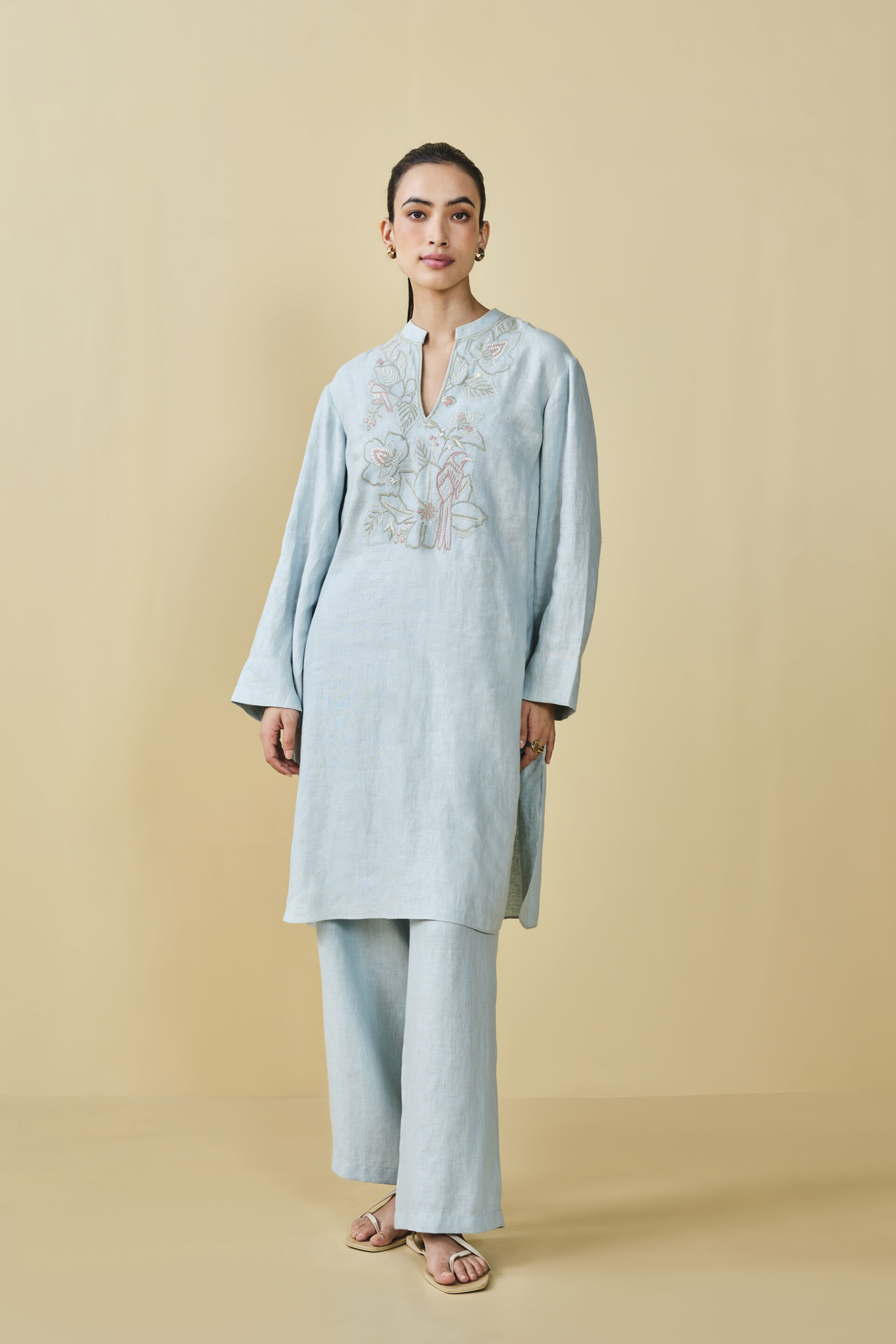 Peek Into The Trees Embroidered Hemp Kurta Set - Powder Blue