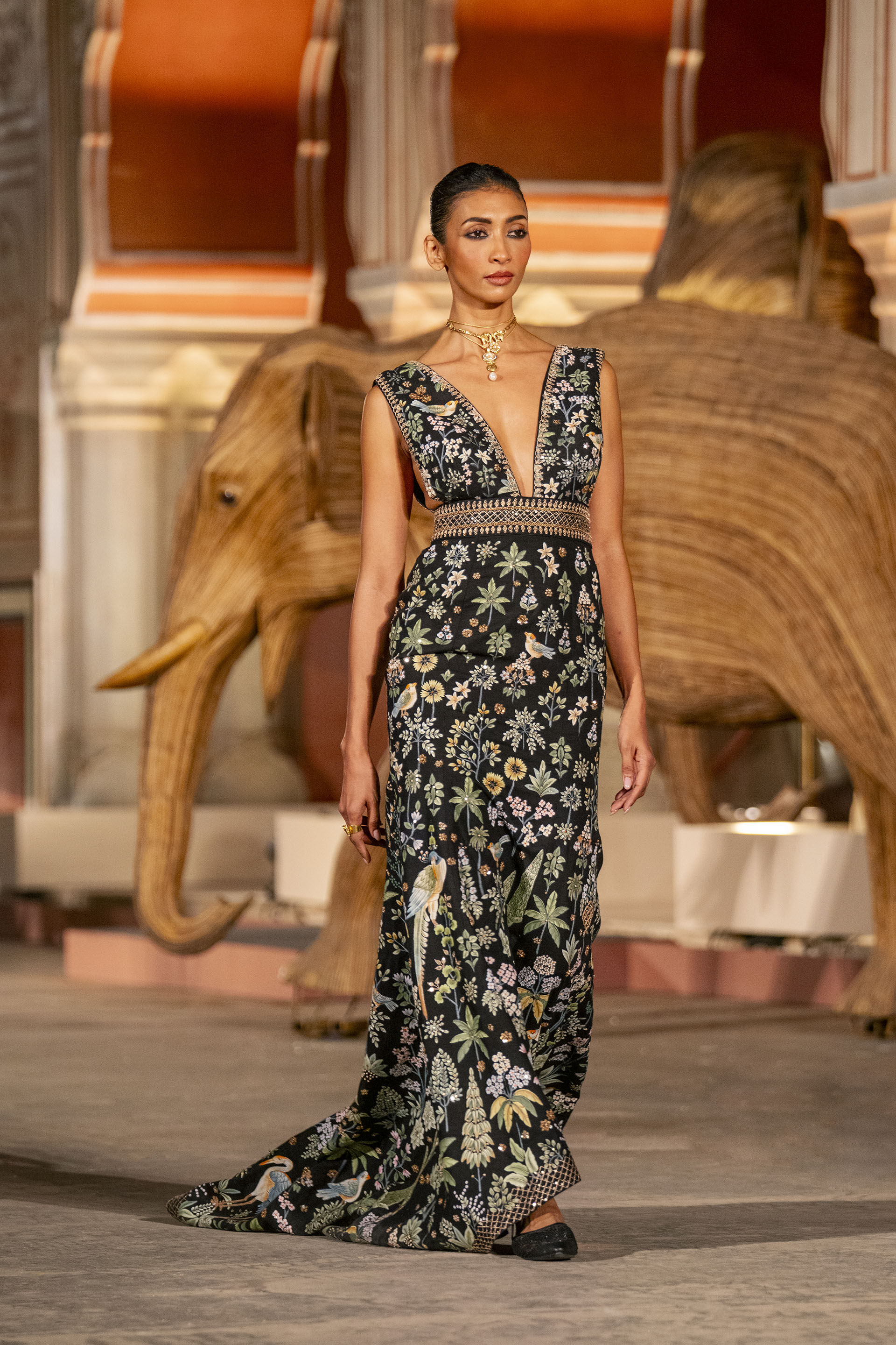 Magic Of The Evergreen Forest Hand-painted Pichhwai Silk Gown - Black, Black, image 6