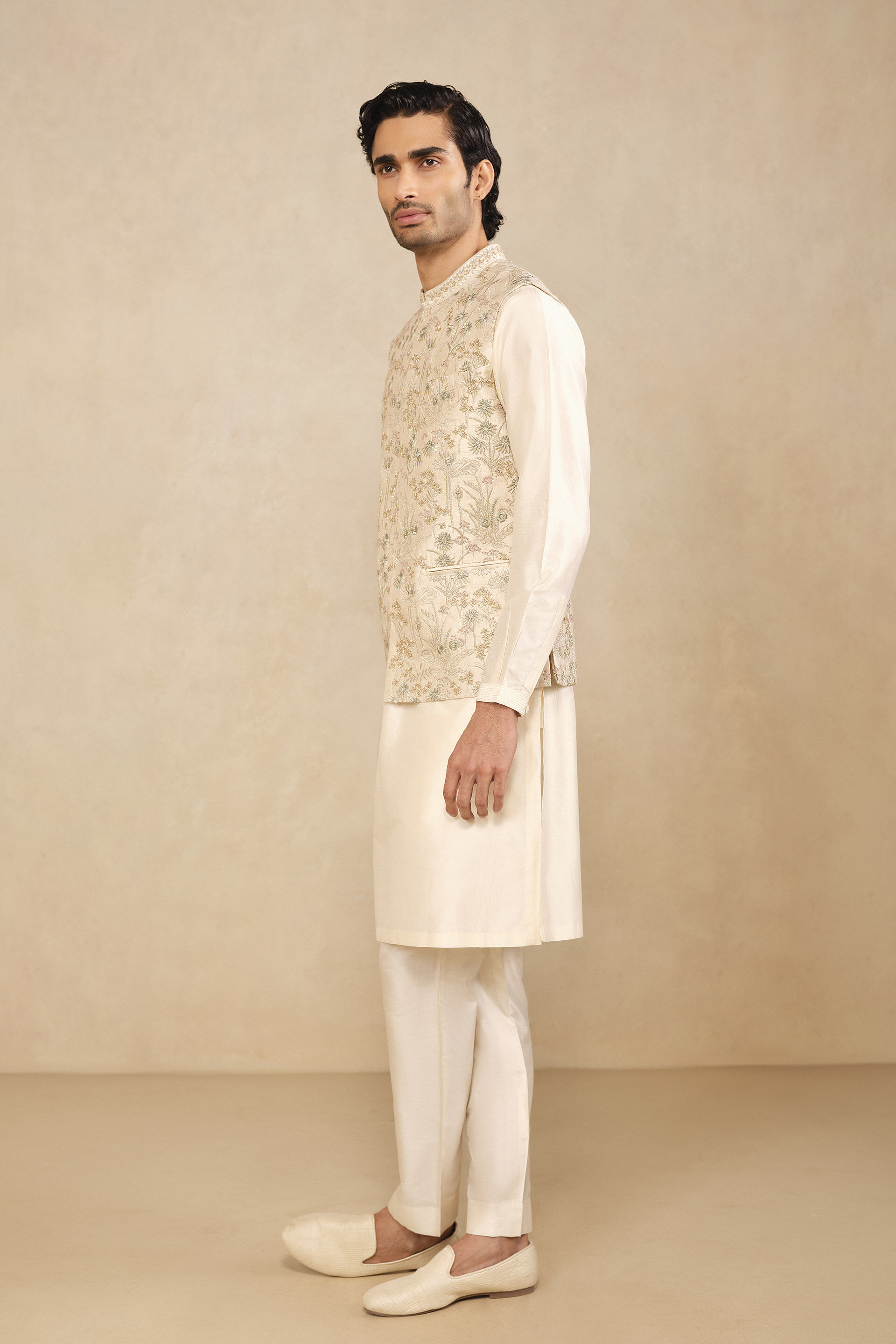 Balfour Embroidered Silk Nehru Jacket - Ivory, Ivory, image 3