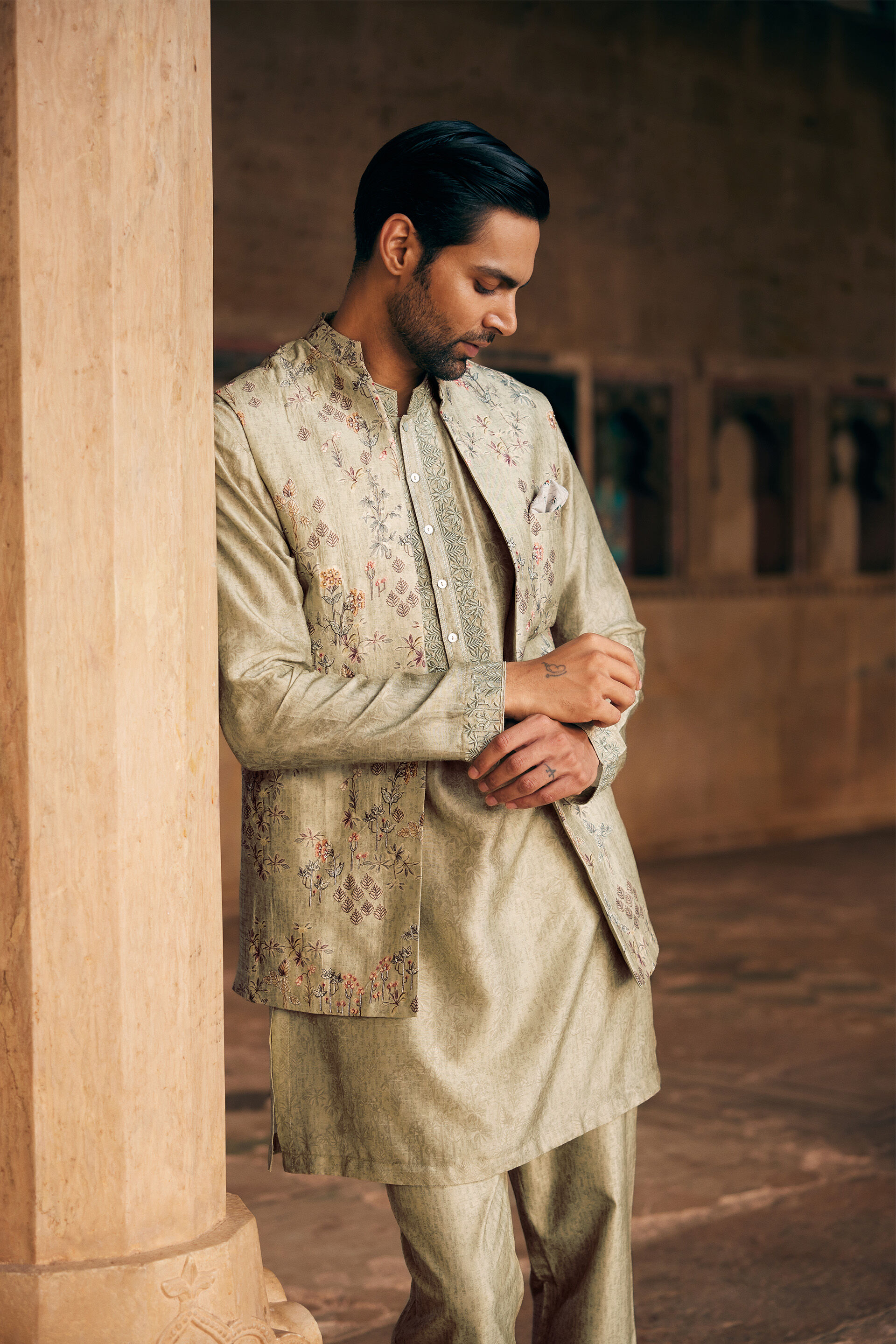 Hemil Printed Silk Nehru Jacket - Sage, Sage, image 3
