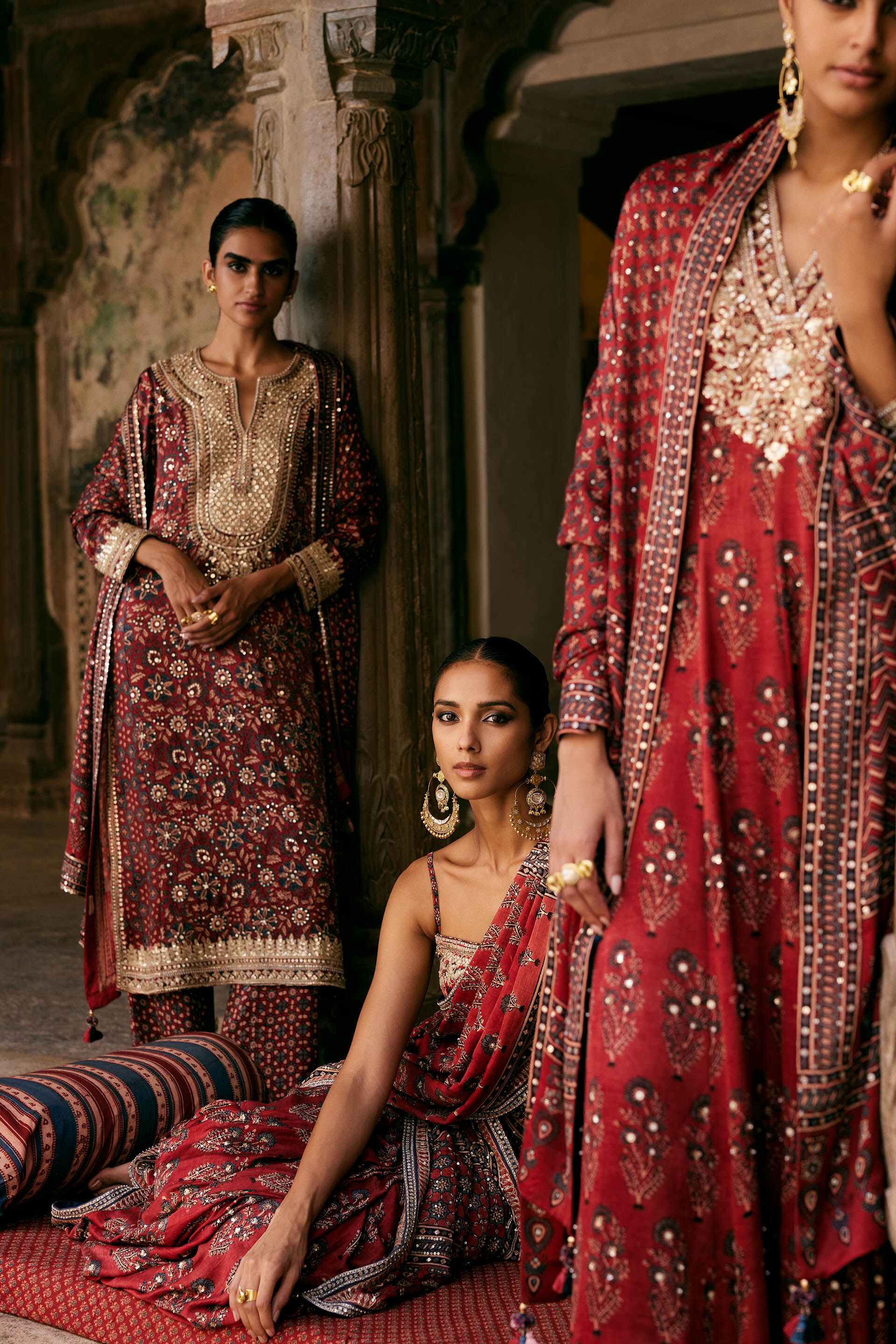 Saaj Ajrakh Hand-block Printed Silk Suit Set - Red, Red, image 4