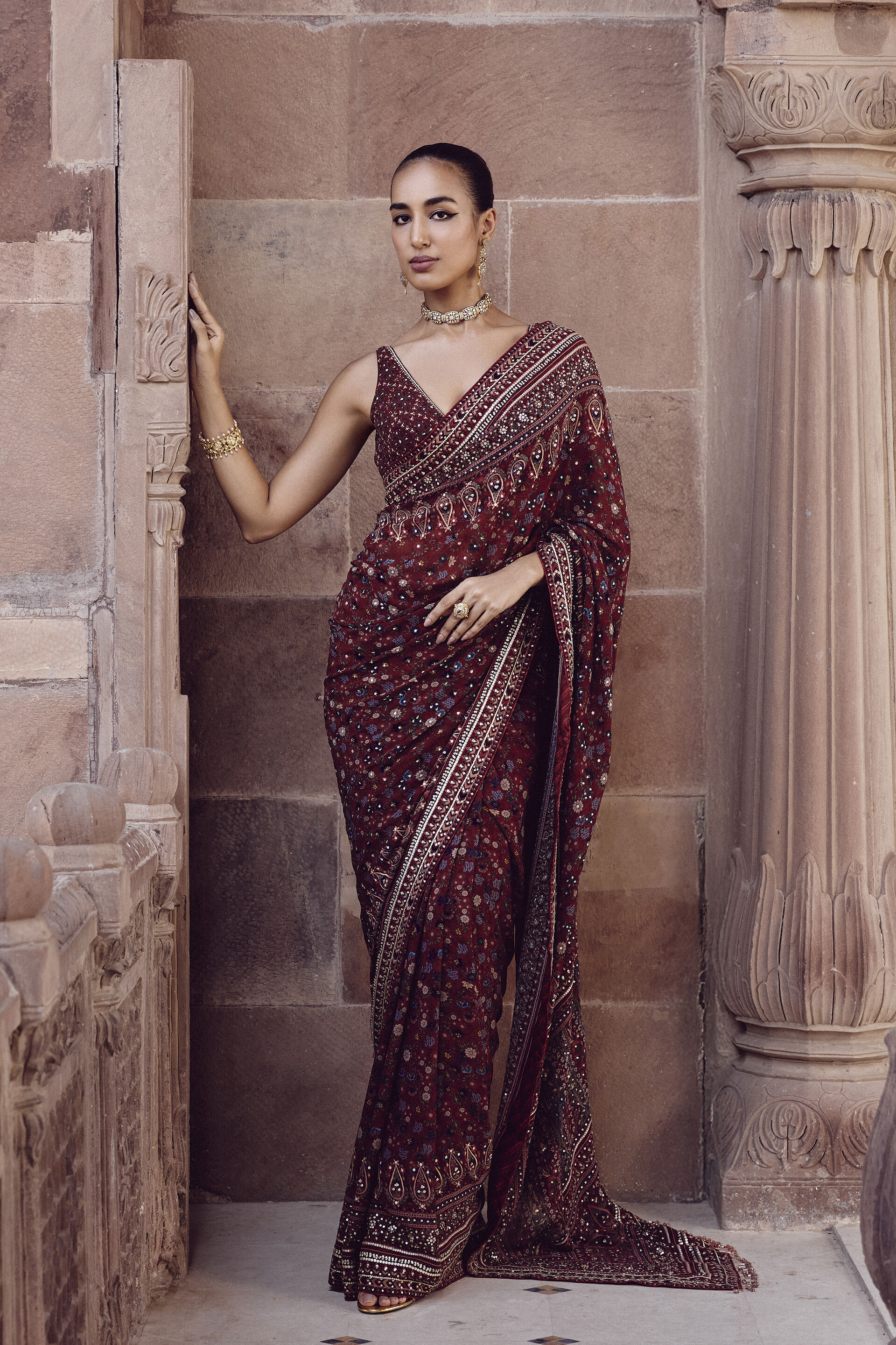 Amalaka Sequin Georgette Saree - Deep Red