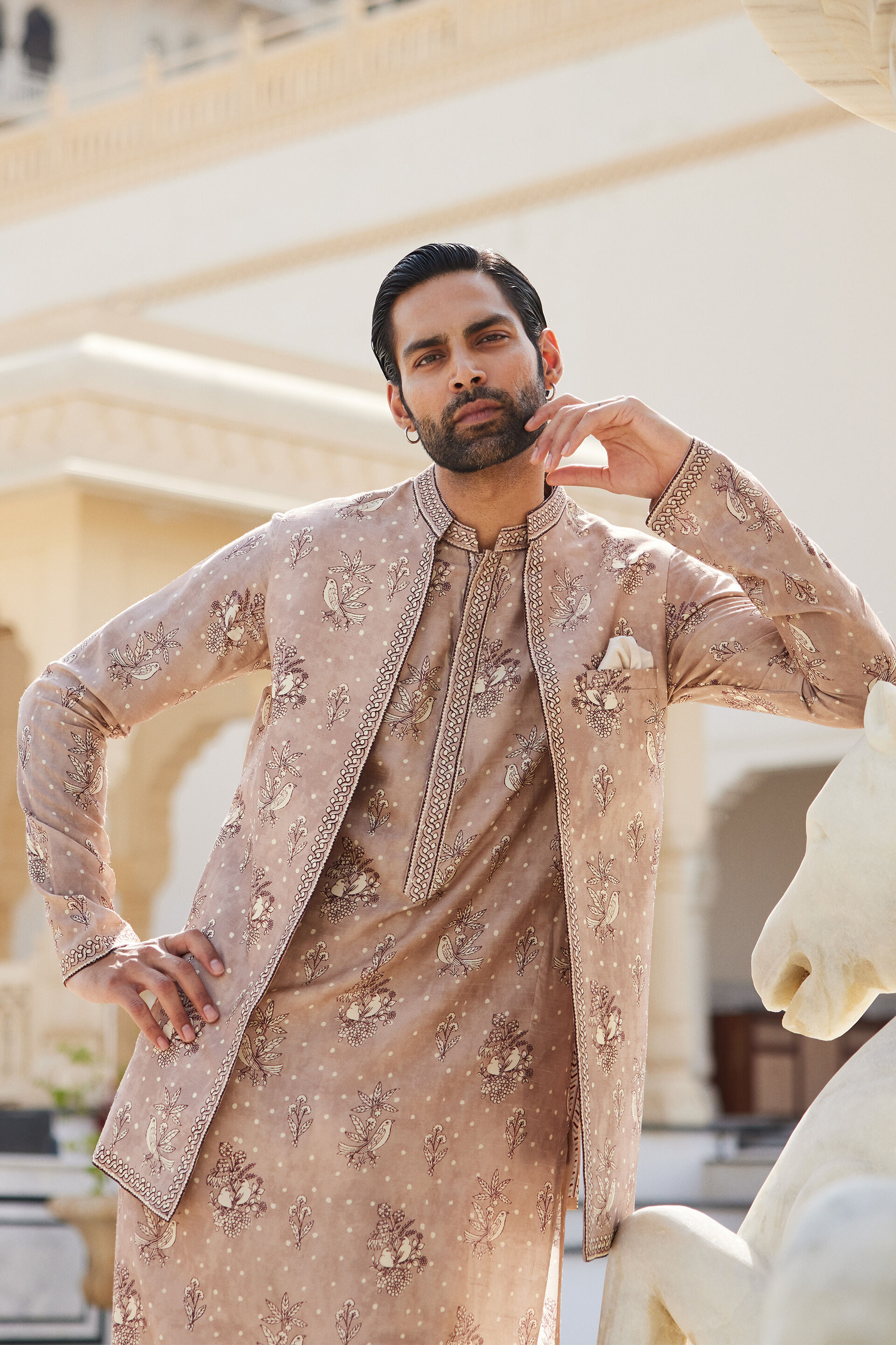 Simal Silk Nehru Jacket - Taupe, Pink, image 3