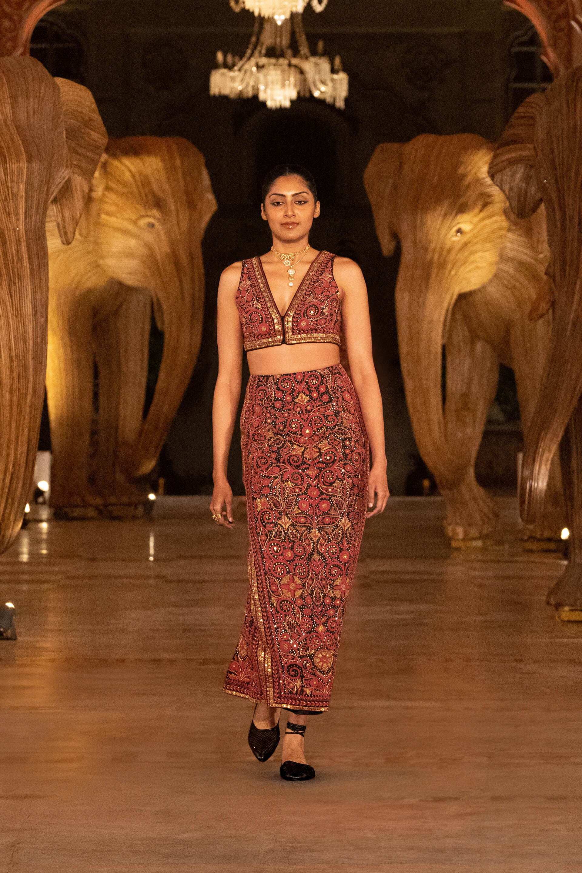 Nocturnal Wilderness Embroidered Cord Silk Skirt Set - Black, Black, image 6