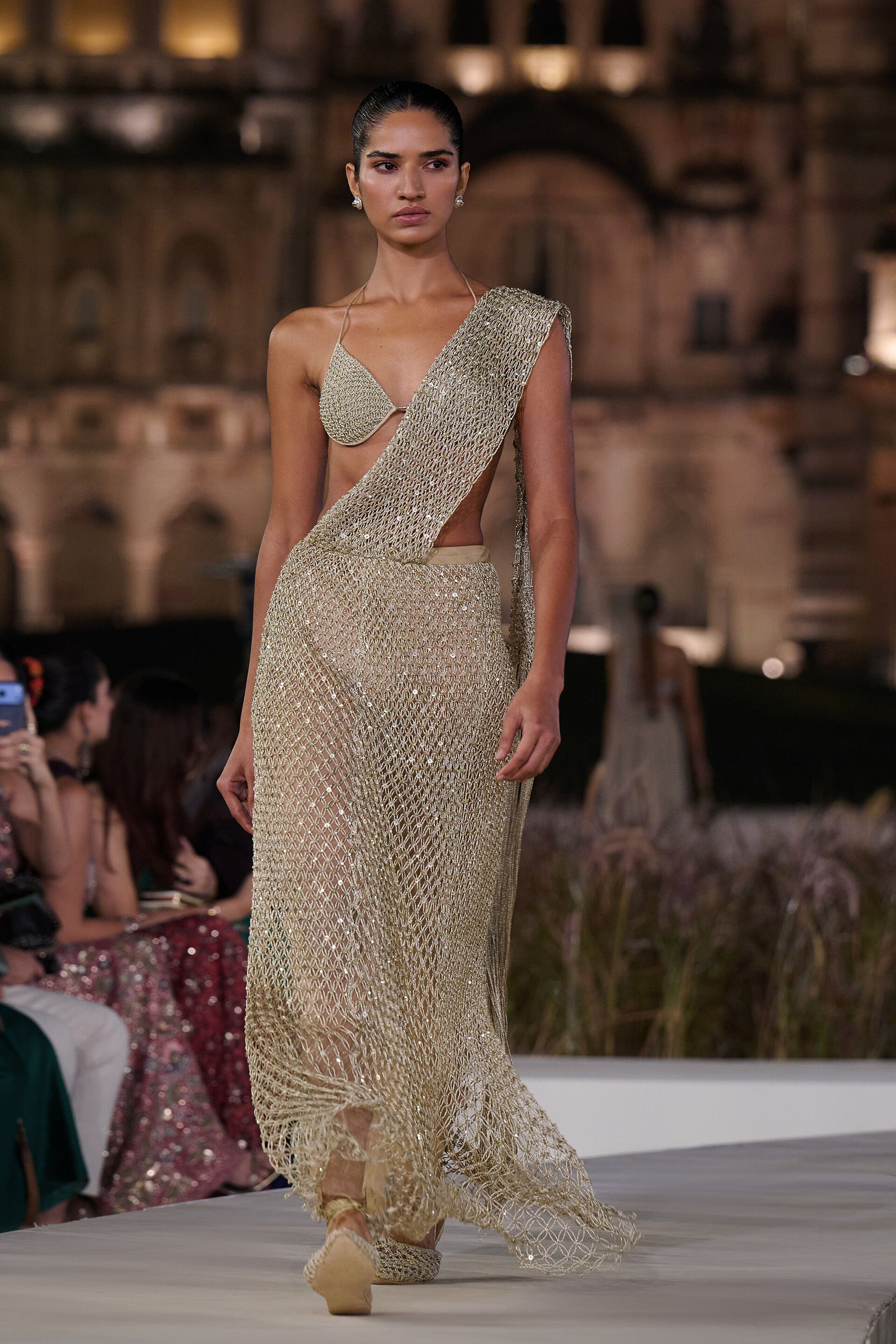 Kimbra Macrame Pre-draped Saree - Gold, Gold, image 1