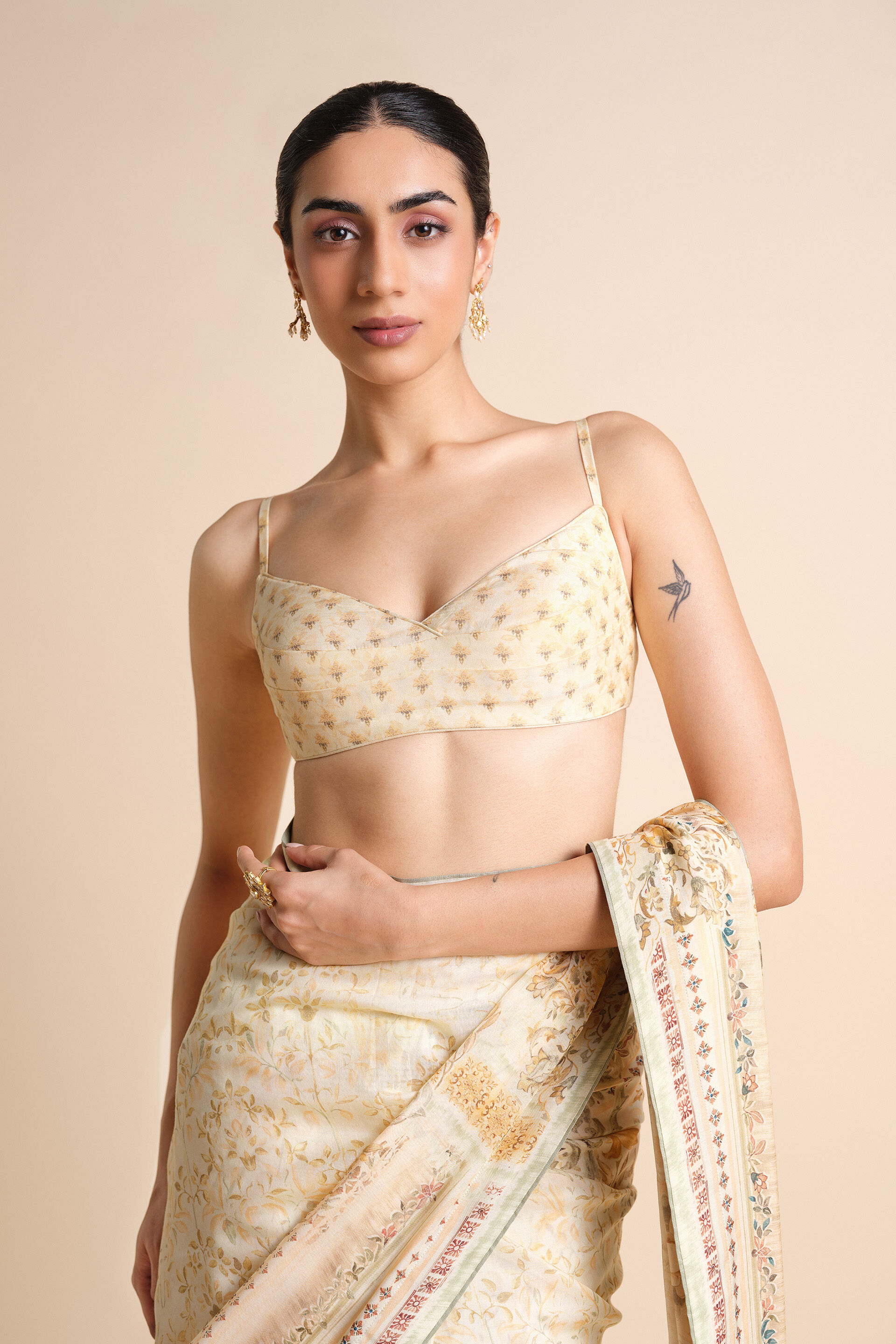 Vanora Printed Saree - Cream, Cream, image 6