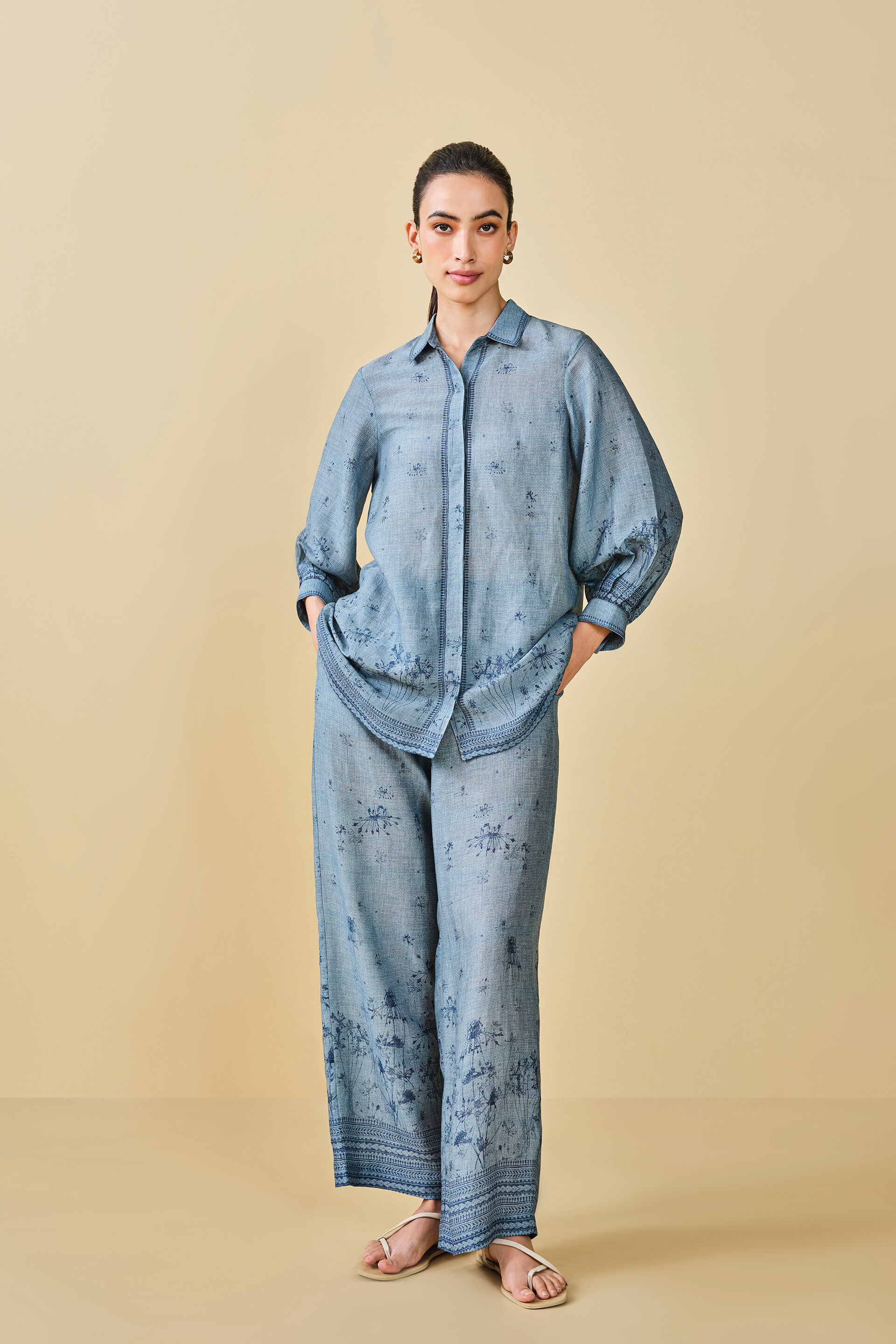 Pond Printed Linen Shirt Co-ord - Blue