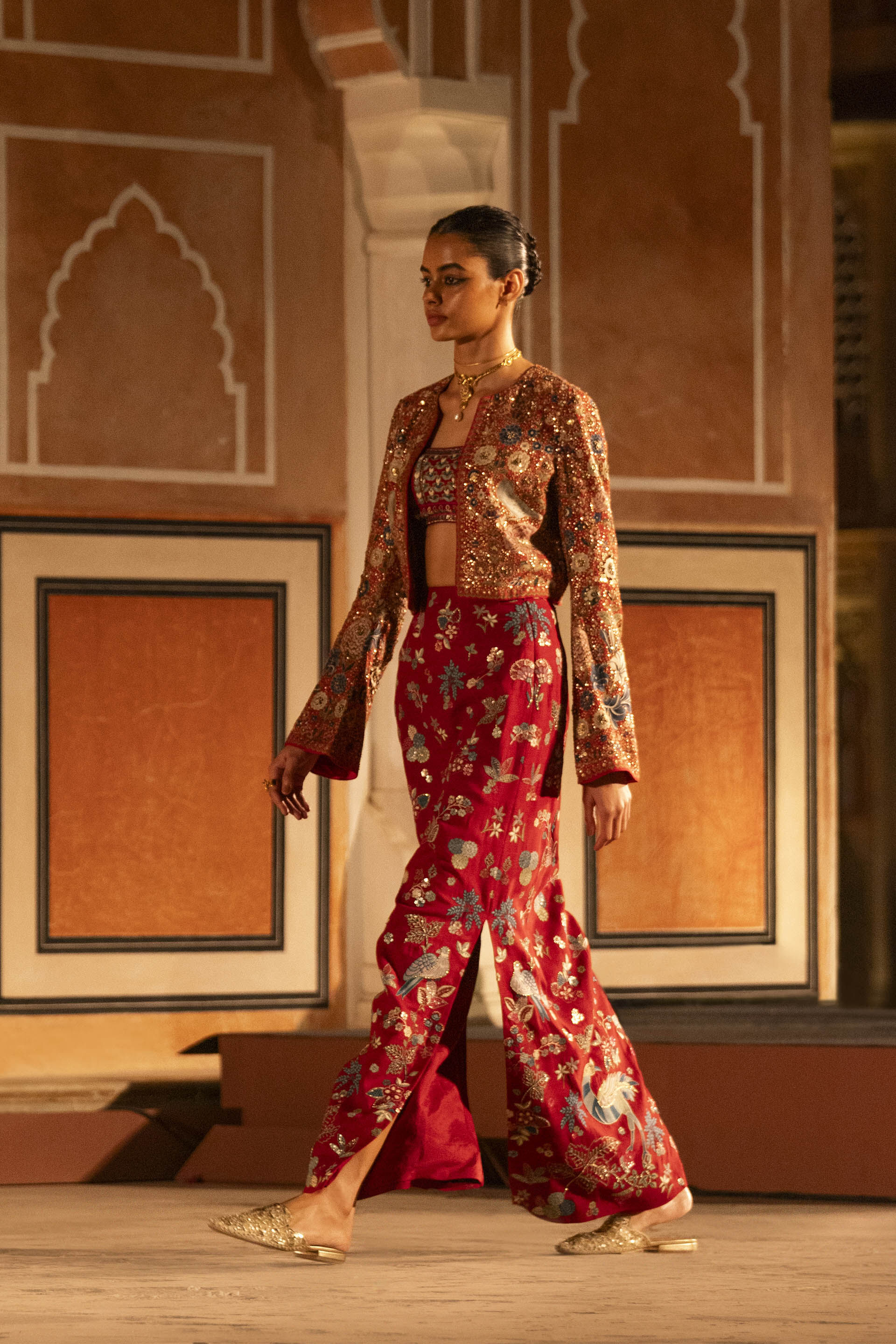 Flame Of The Forest Embroidered Zardozi Silk Skirt Set - Red, Red, image 6