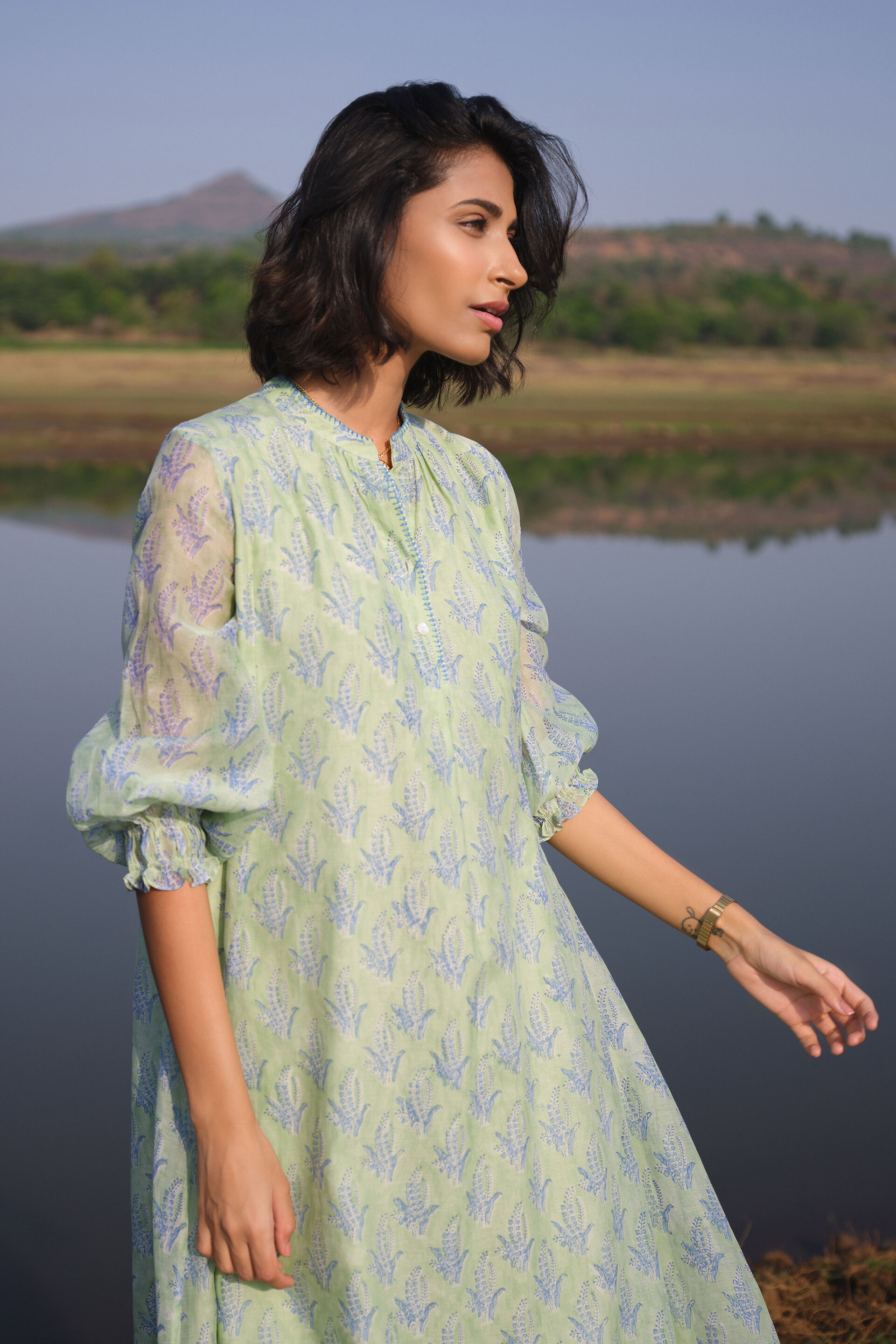 Treeline Hand-block Printed Mul Dress - Sage, Sage, image 5