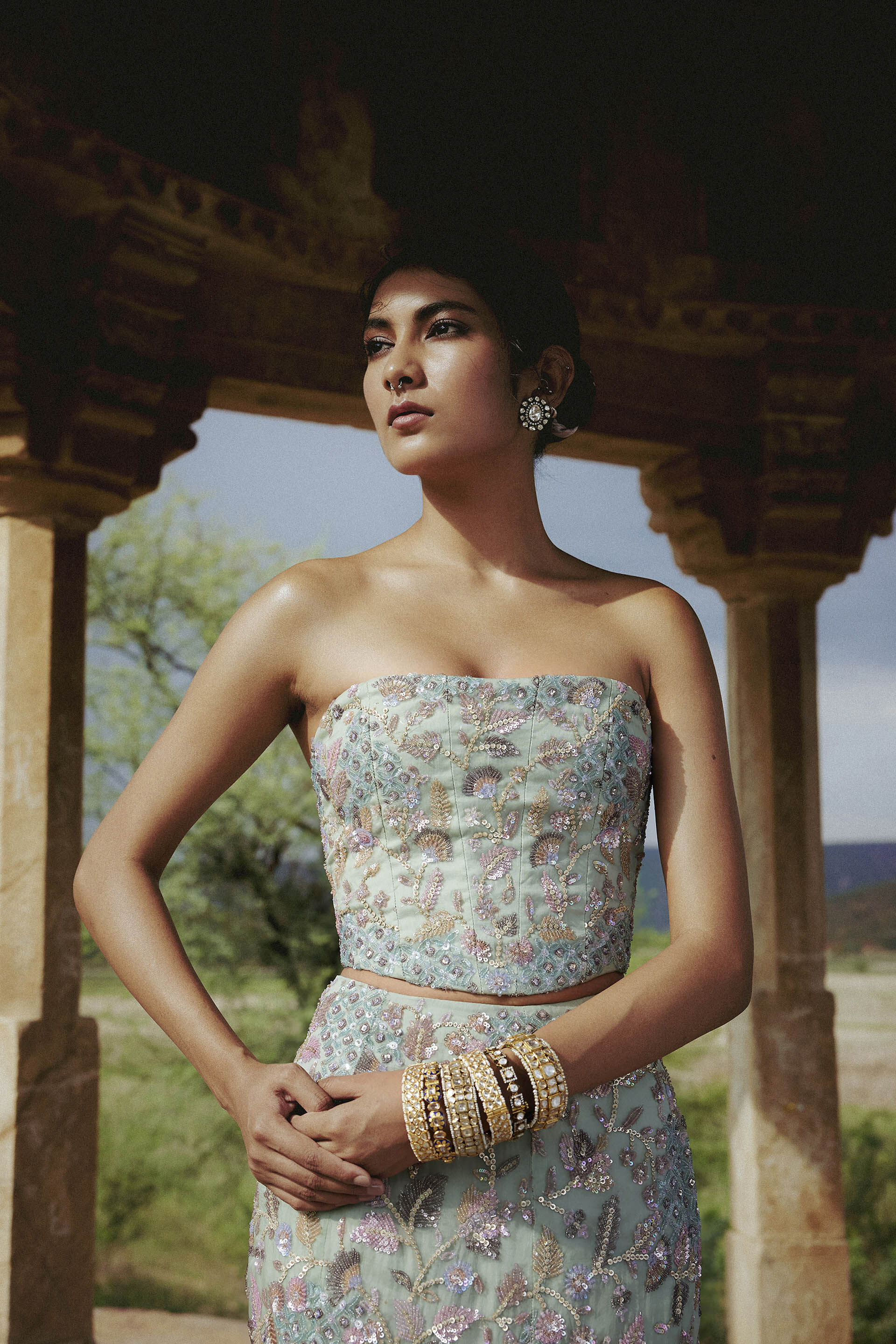 Kusha Embroidered Silk Skirt Set Sage