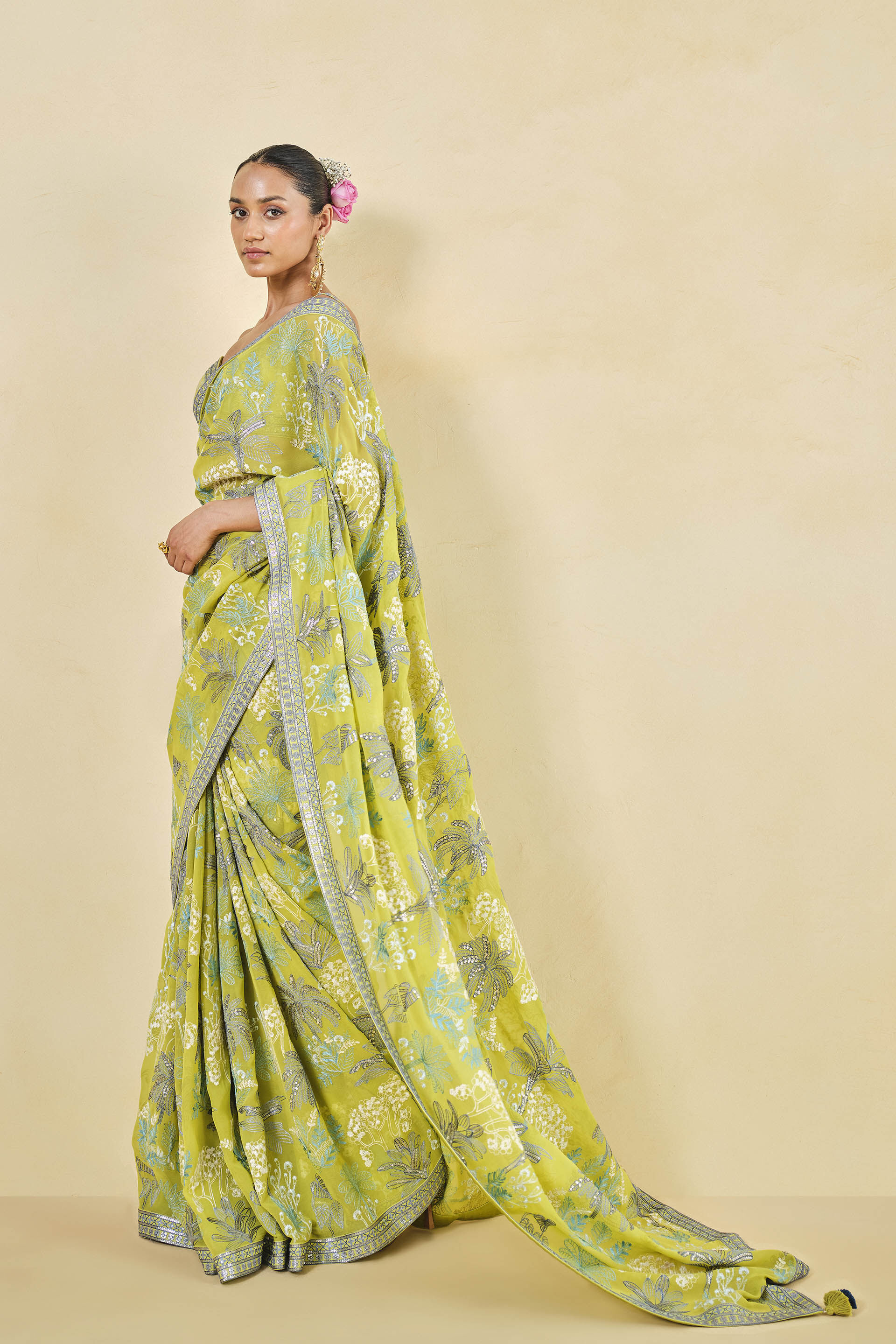 Tropical Paradise Embroidered Georgette Saree - Lime