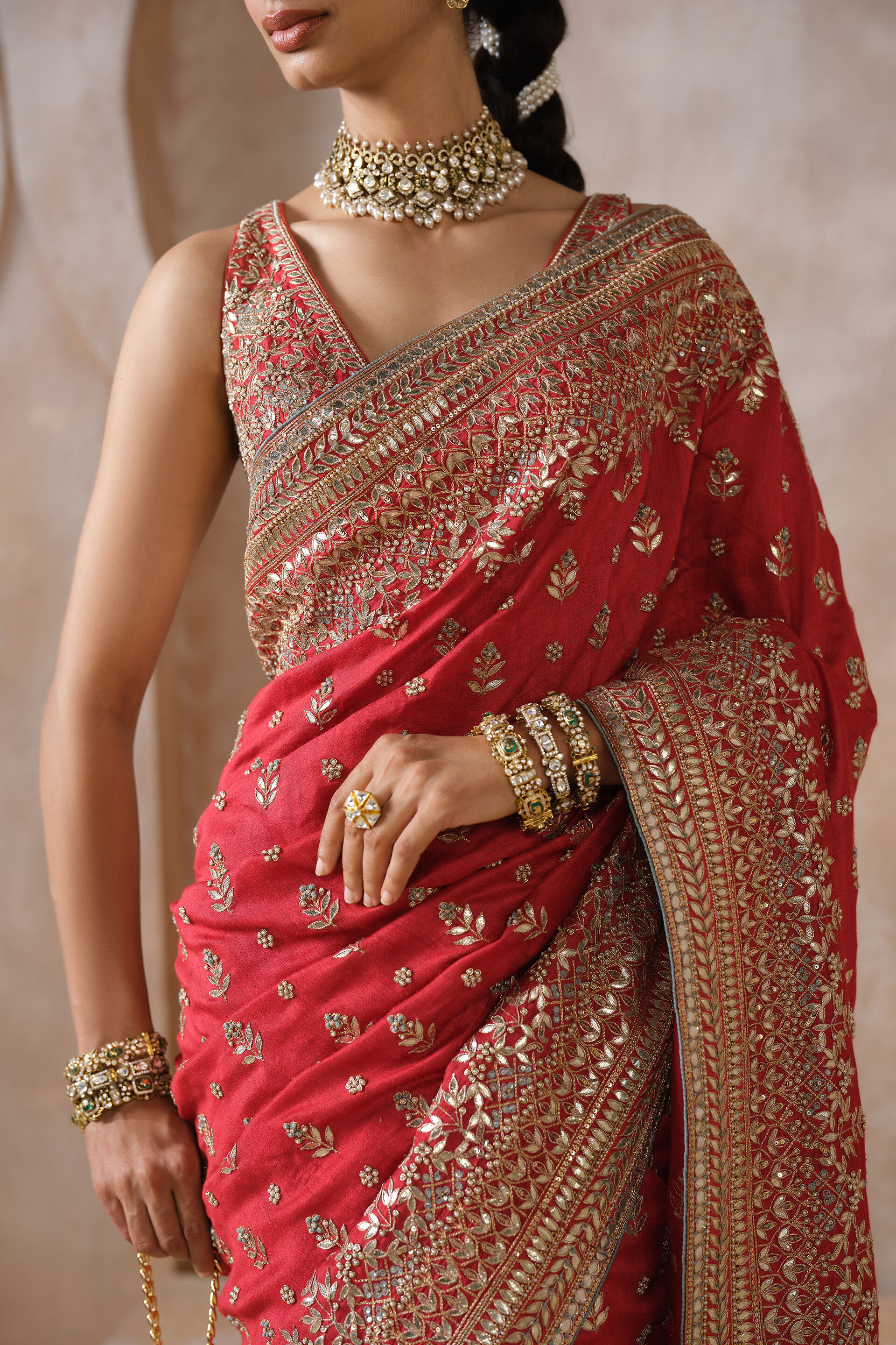 Manjara Gota Patti Silk Saree - Red, Red, image 4