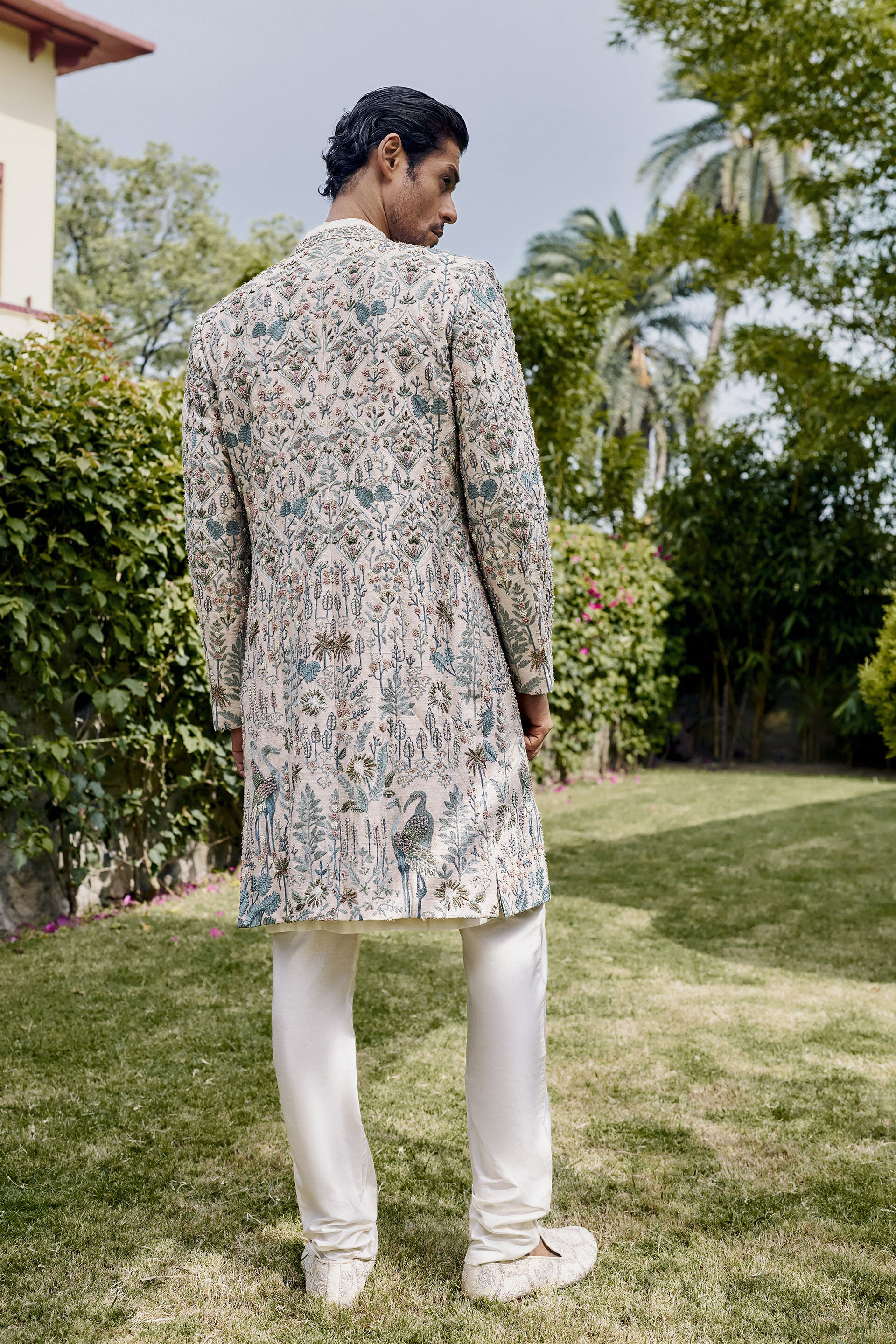Almir Aari Embroidered Silk Sherwani - Champagne