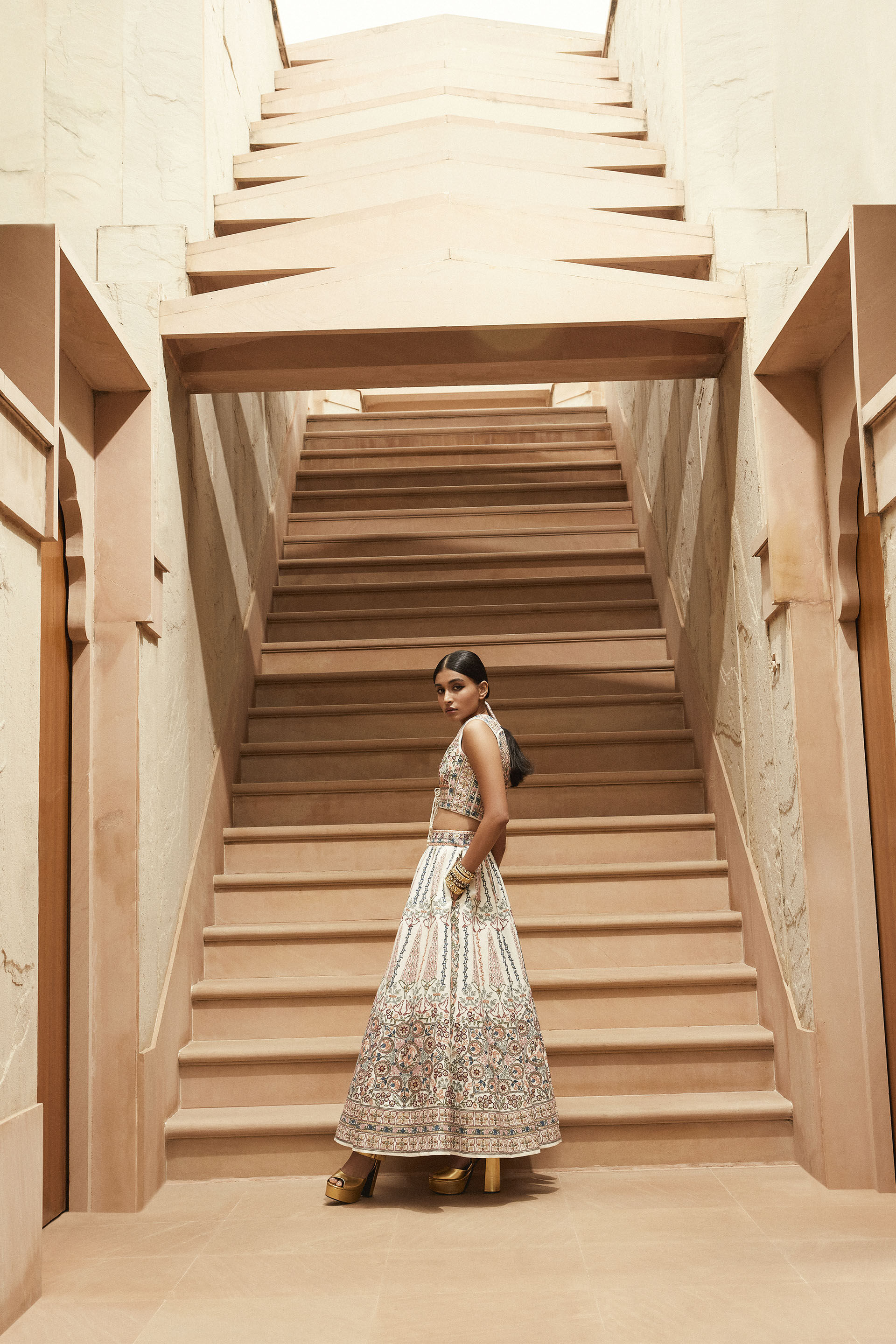 Alakana SEWA Hand-embroidered Silk Skirt Set - Ivory, Ivory, image 4