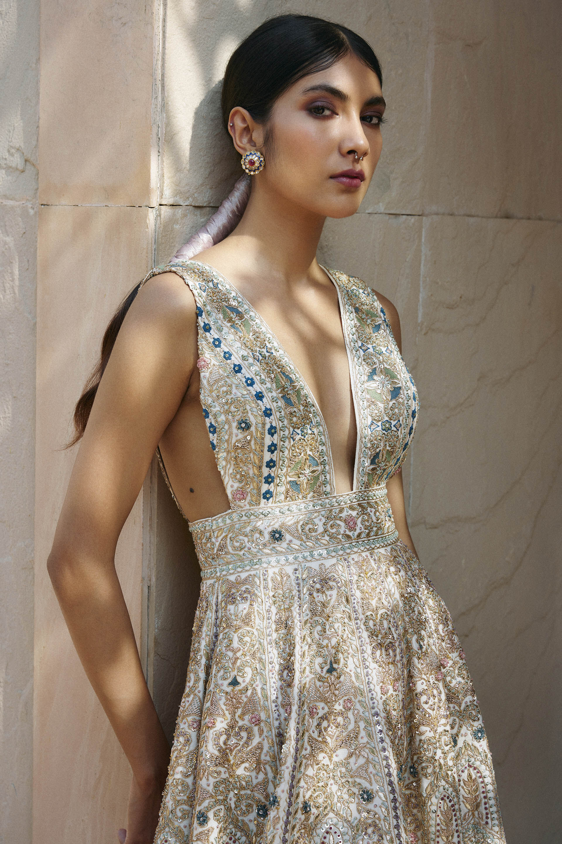 Mihika Zardozi & Gota Patti Silk Dress - Ivory, Ivory, image 3