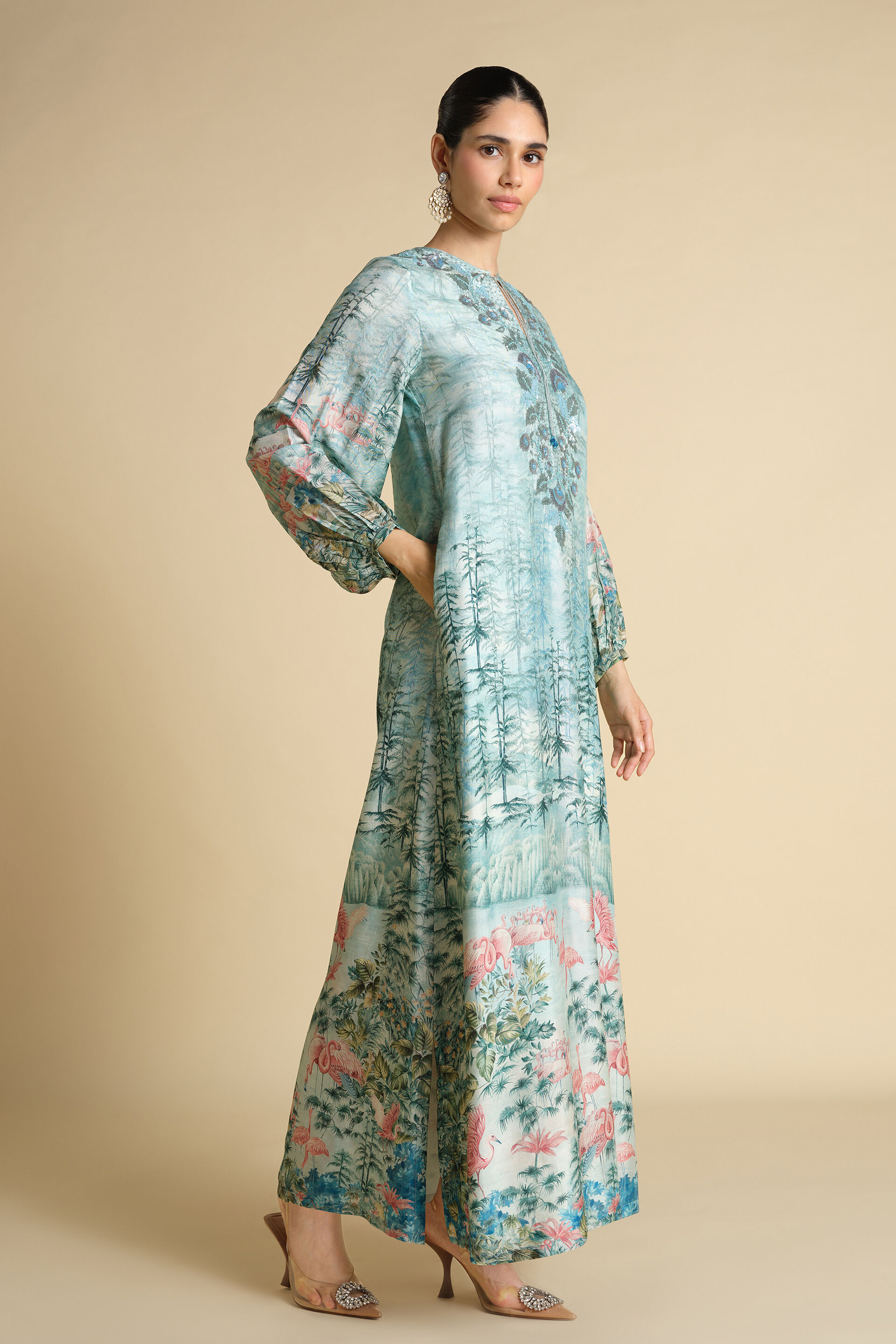 Nabha Printed Silk Kaftan - Powder Blue, Powder Blue, image 3
