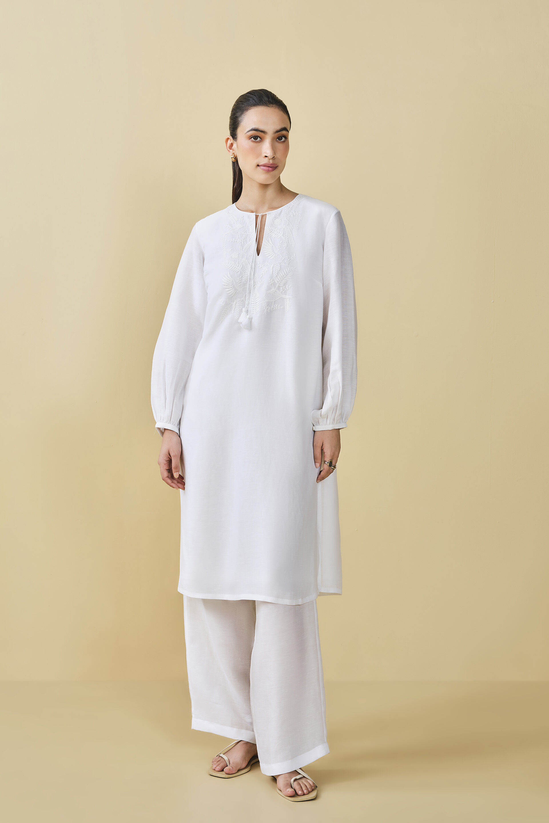 Cloud Sky Hand-embroidered Chikankari Linen Co-ord - White