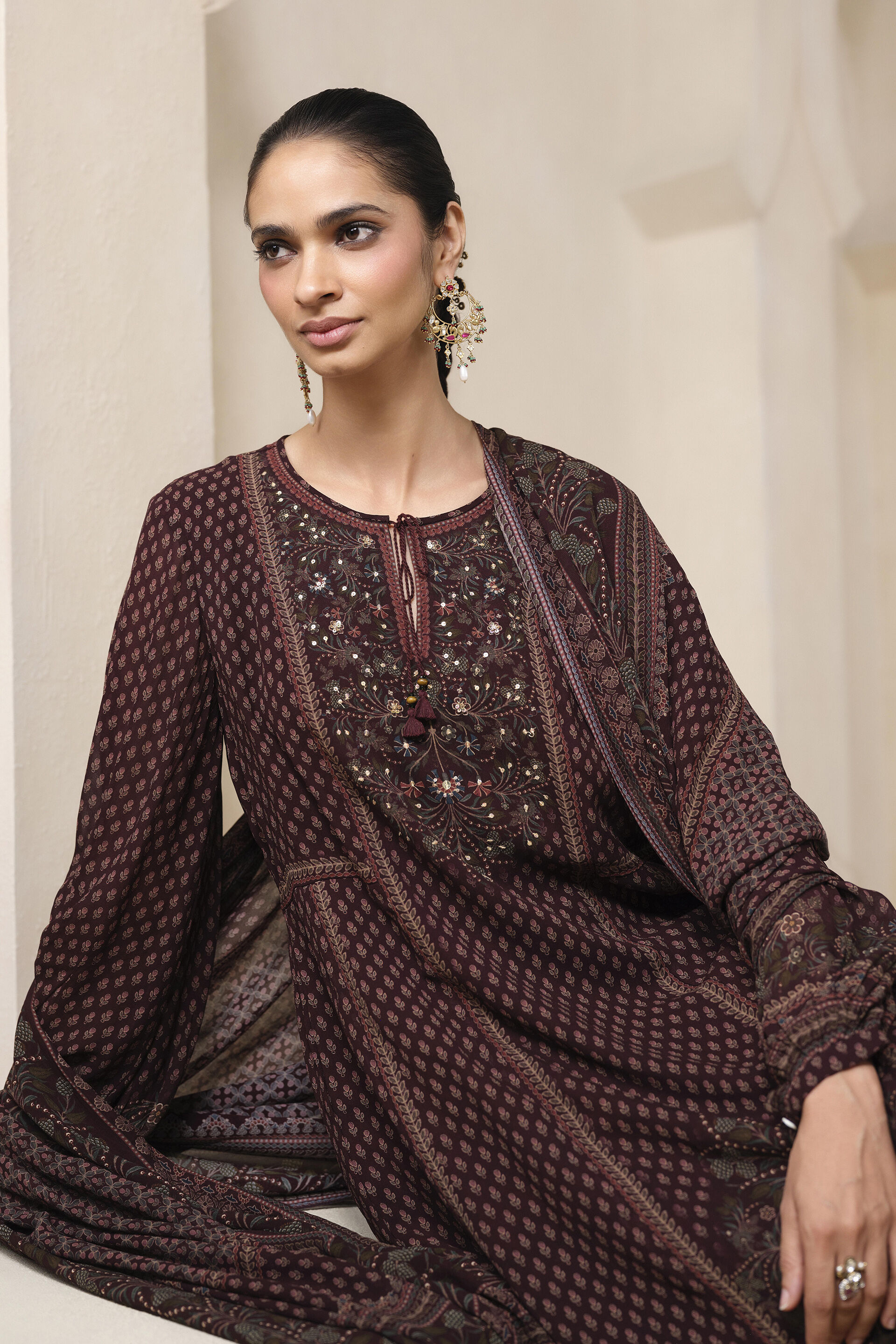 Diya Printed Suit Set in Wine, Wine, image 3