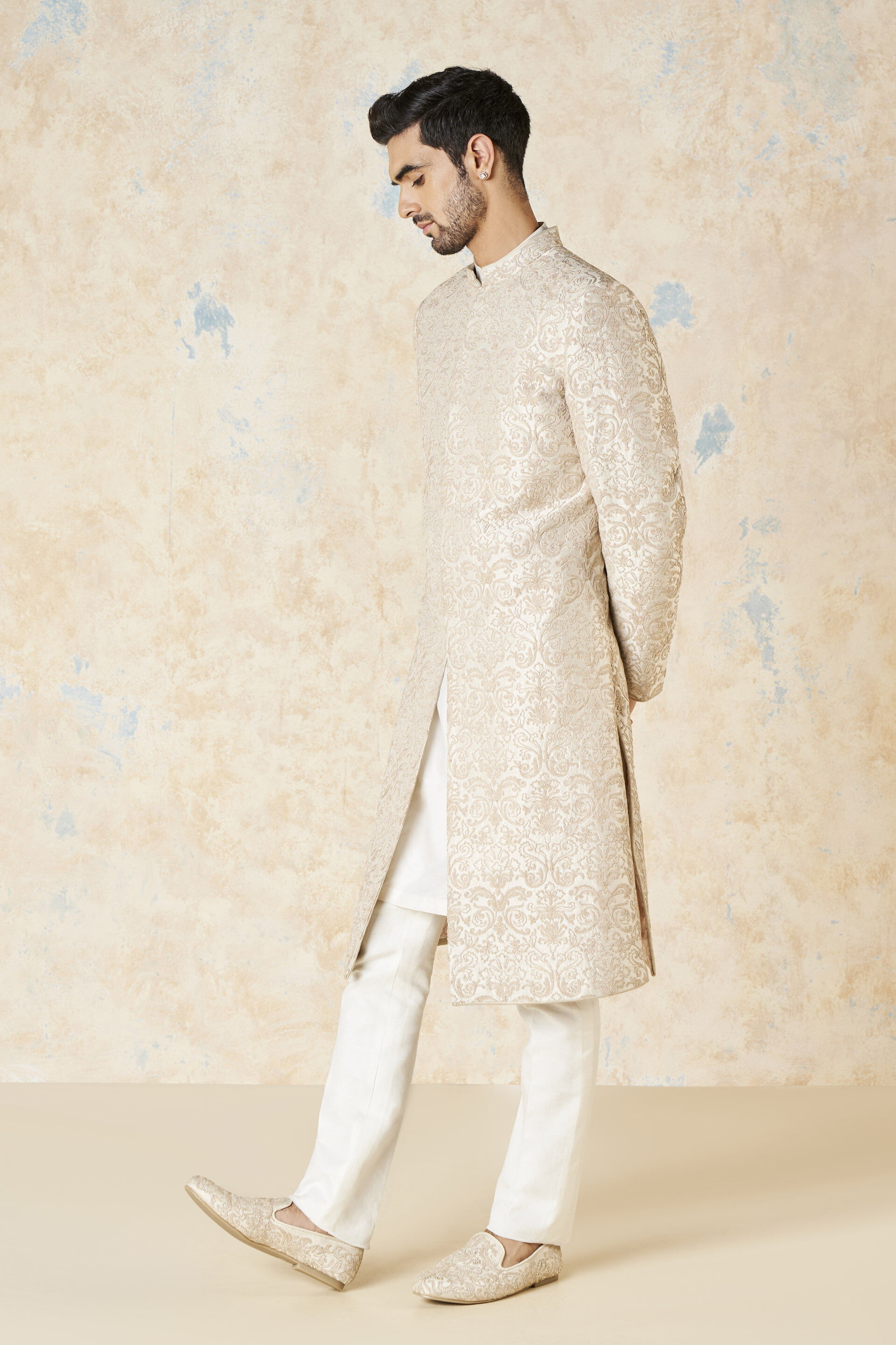 Vehant Embroidered Cord Silk Sherwani - Ivory, Ivory, image 4