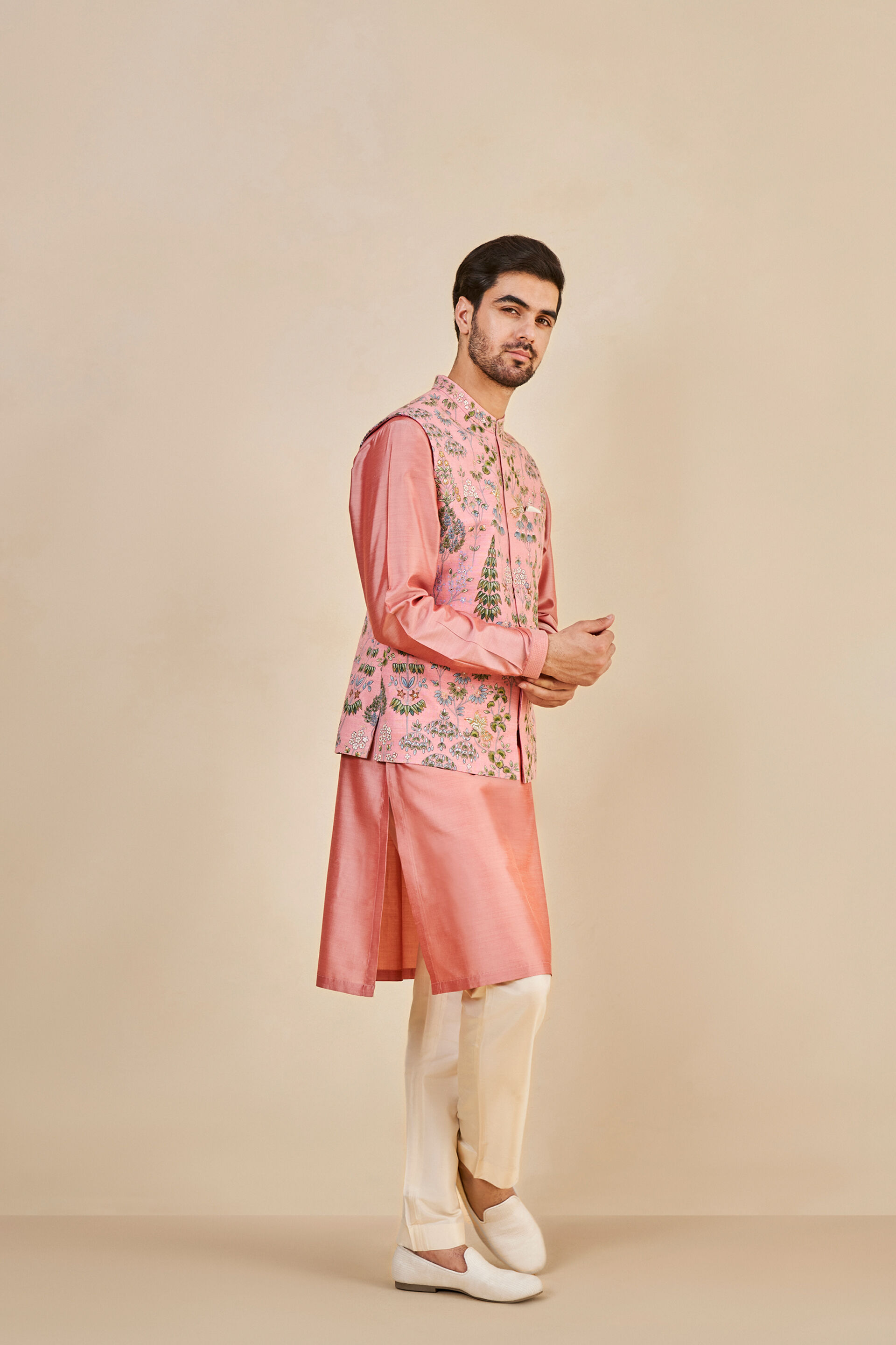 Nalesh Hand-painted Pichhwai Silk Nehru Jacket - Pink
