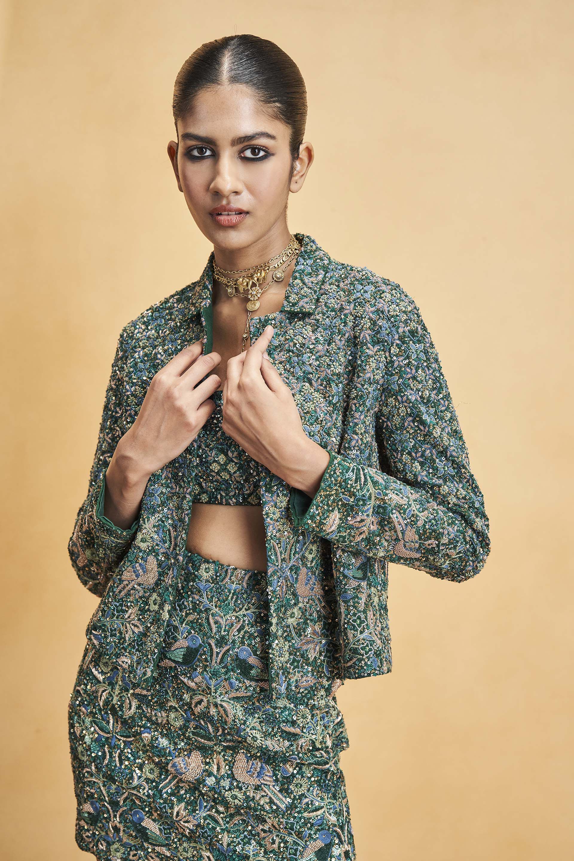 Deep Into The Wild Embroidered Zardozi Silk Skirt Set - Green, Green, image 5