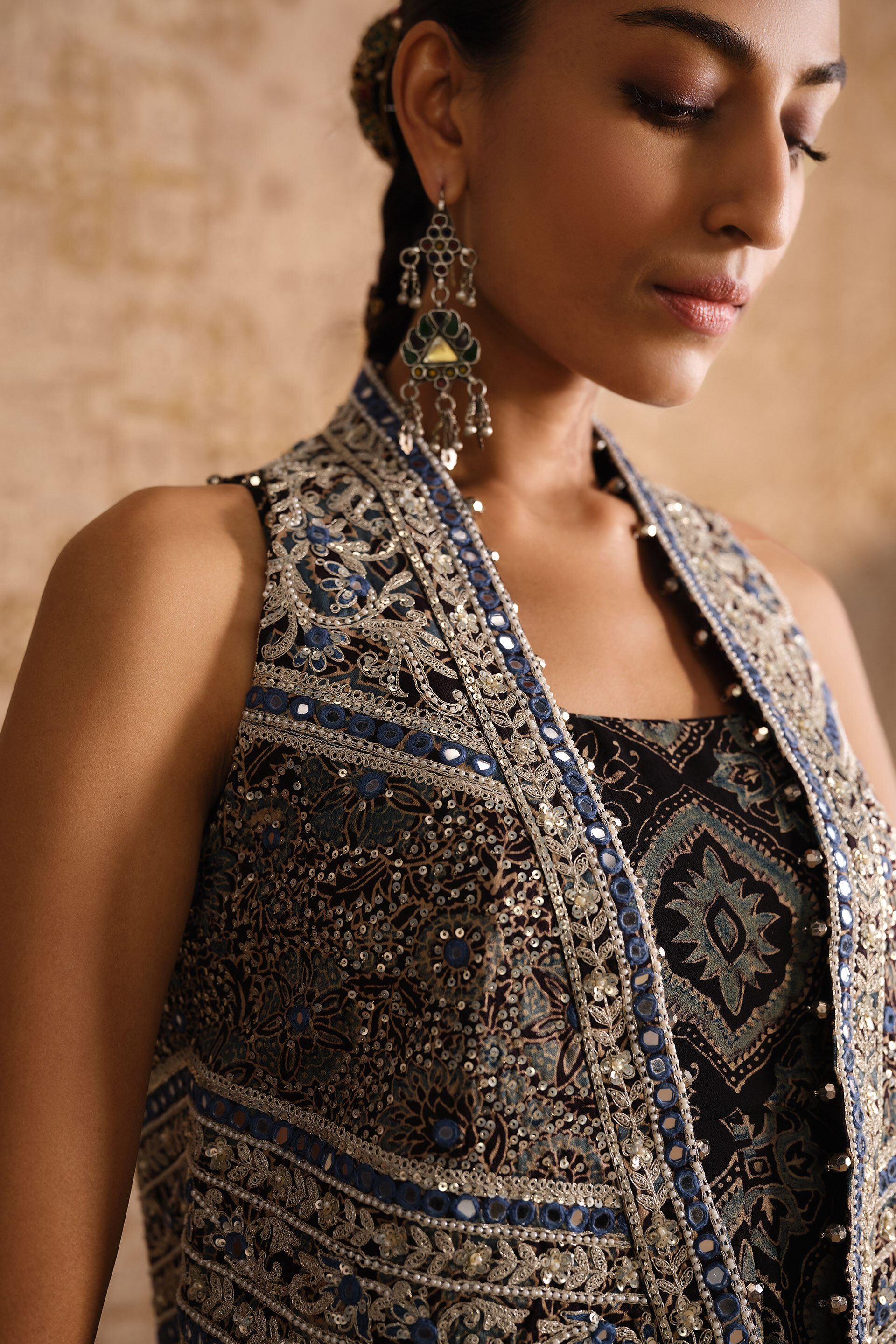 Prishni Ajrakh Hand-block Printed Jacket Set - Black, Black, image 6