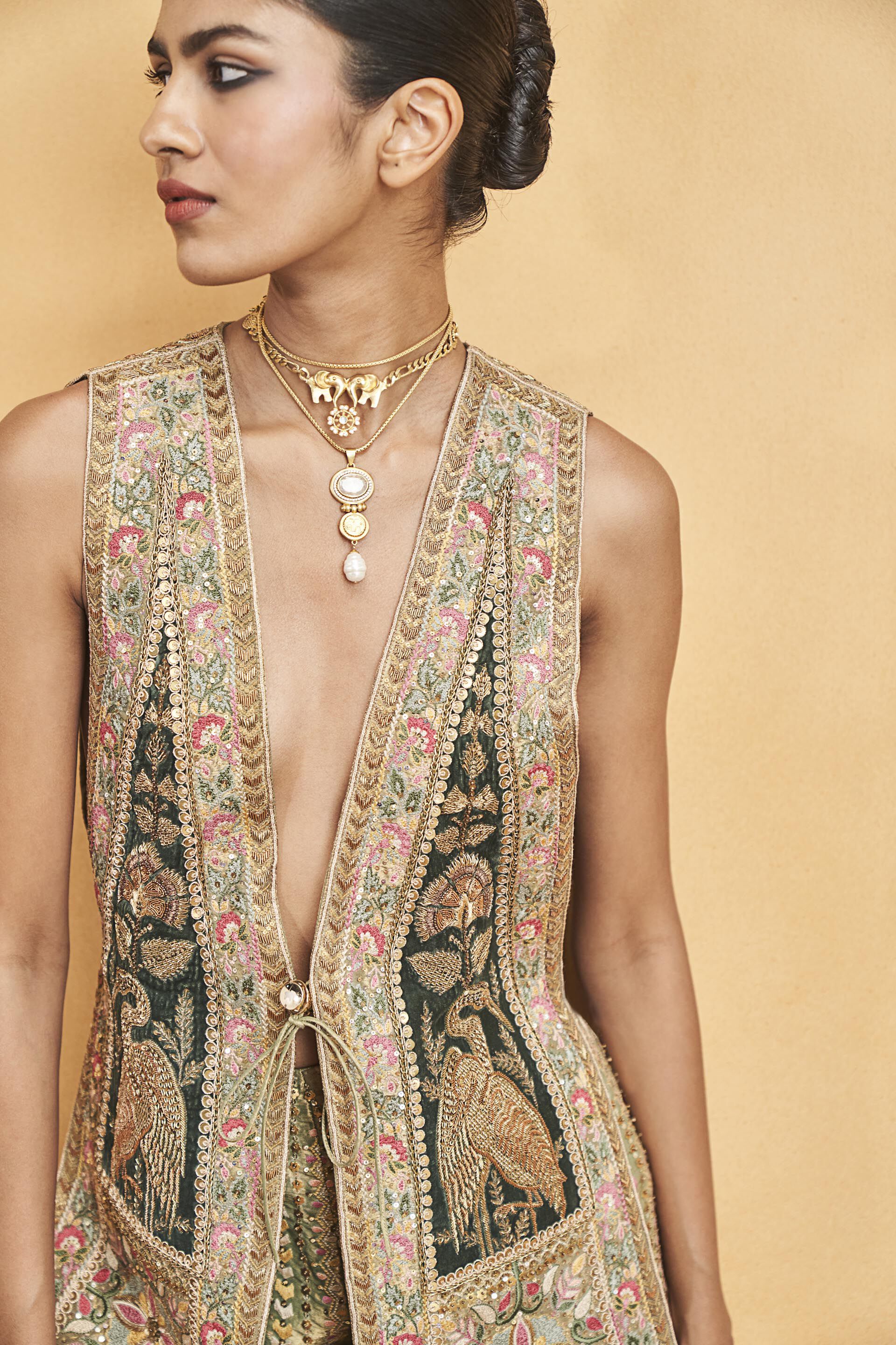 Heart Of The Forest Embroidered Zardozi Shorts Set - Gold, Gold, image 5