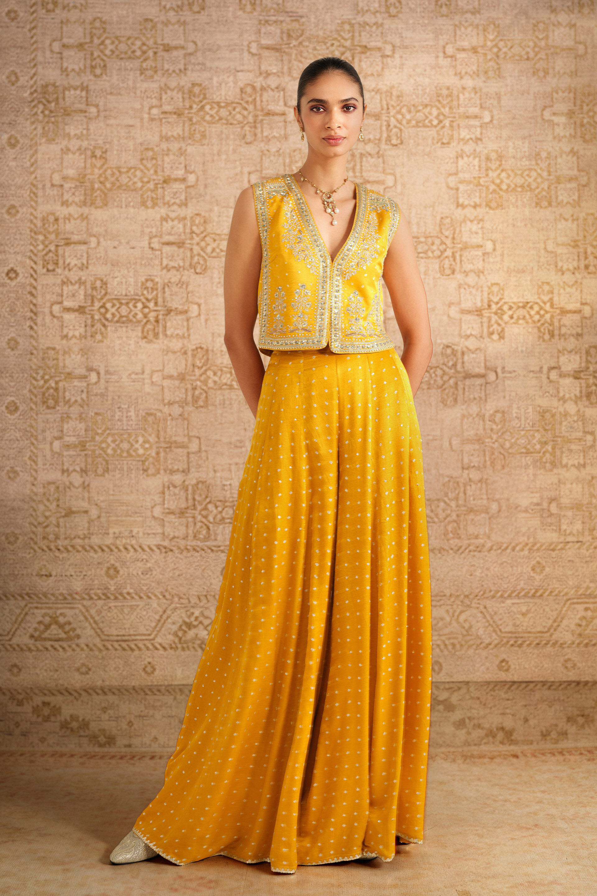 Athasri Handcrafted Bandhani Silk Sharara Set - Yellow