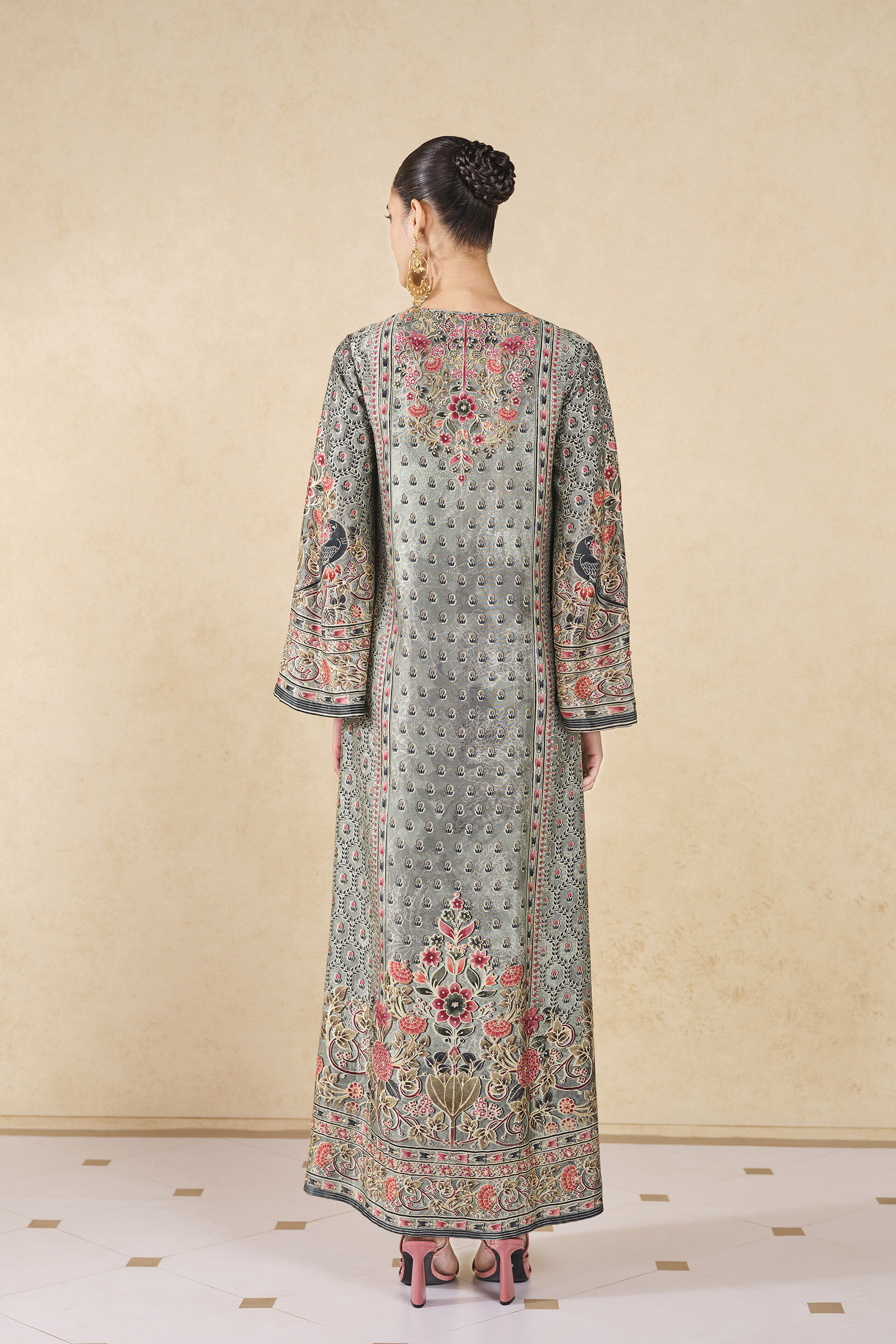 Sahra Printed Silk Kaftan - Sage