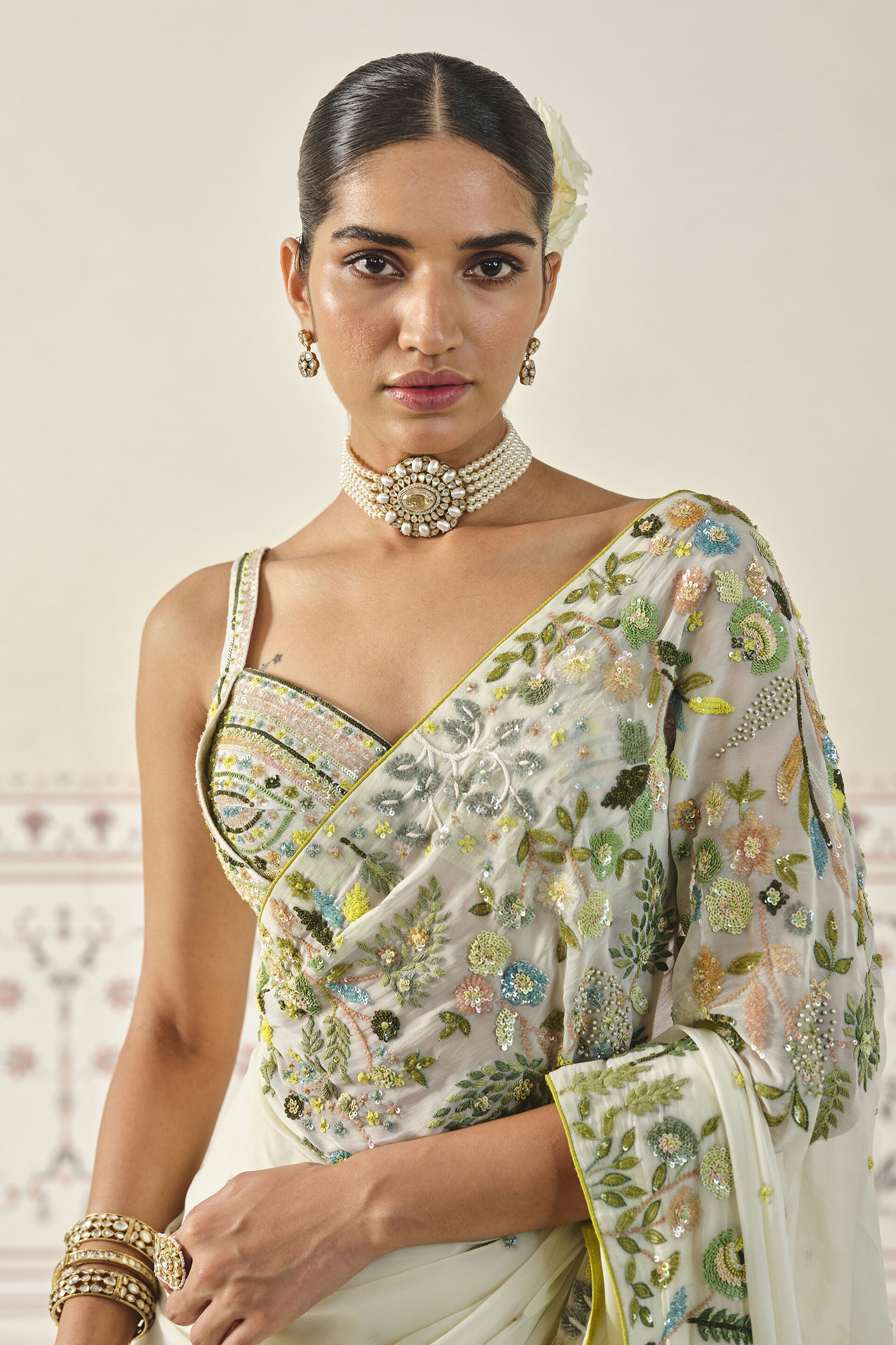 Rema Embroidered Saree Set - Cream, Cream, image 6