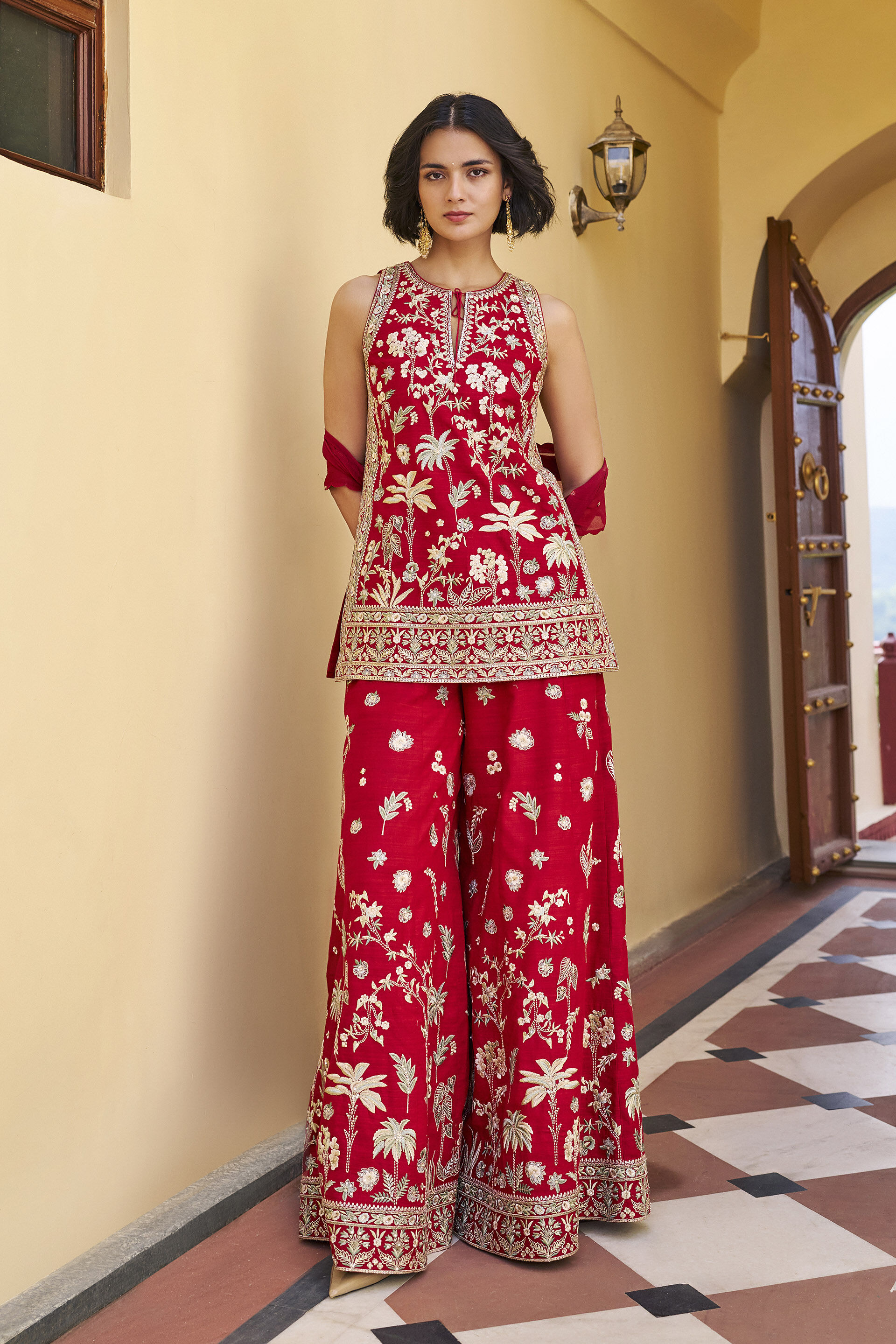 Ardour Embroidered Zardozi Silk Sharara Set - ​Red, Red, image 1