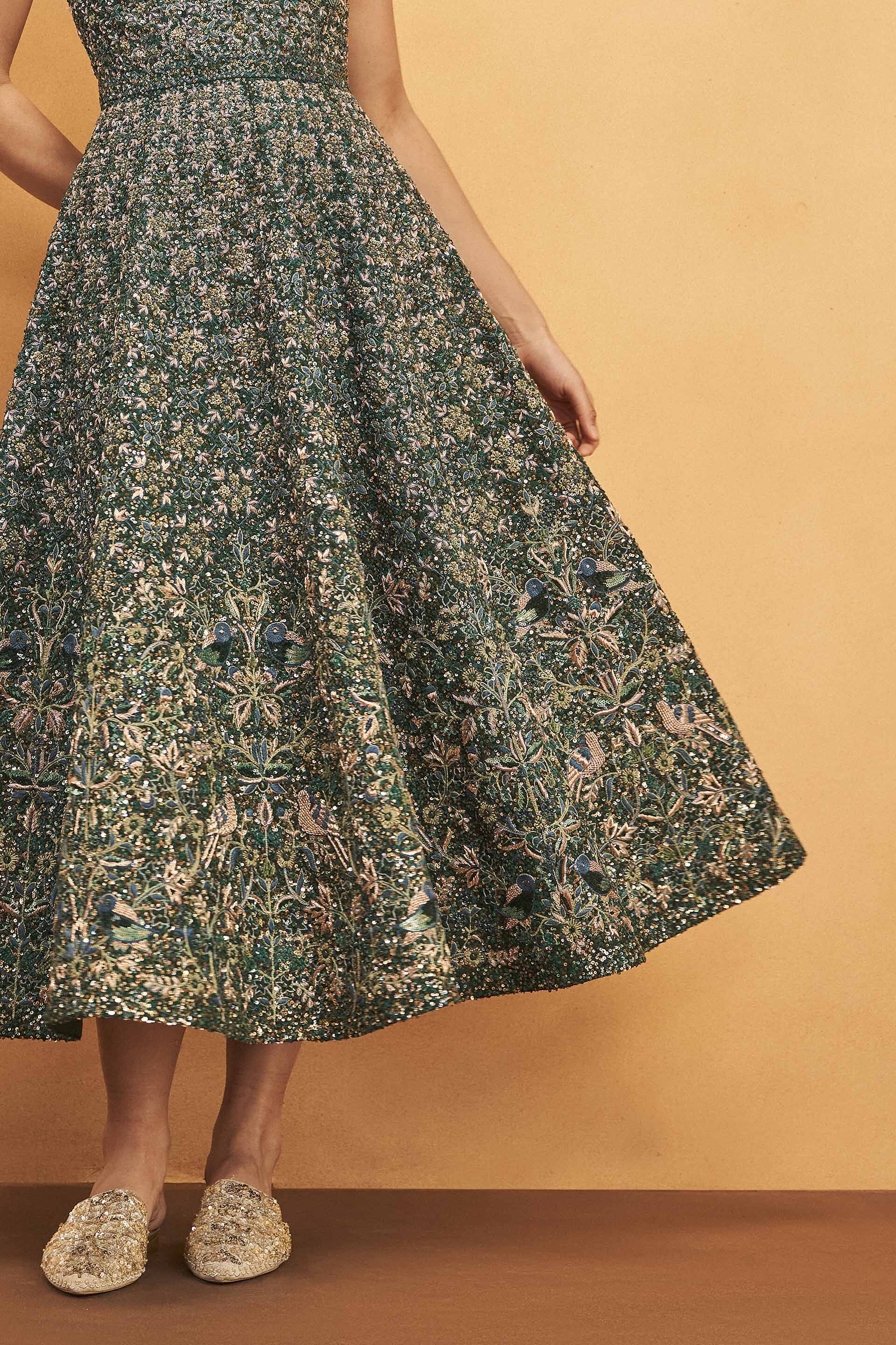 Deep Into The Forest Zardozi Embroidered Silk Dress - Green, Green, image 4