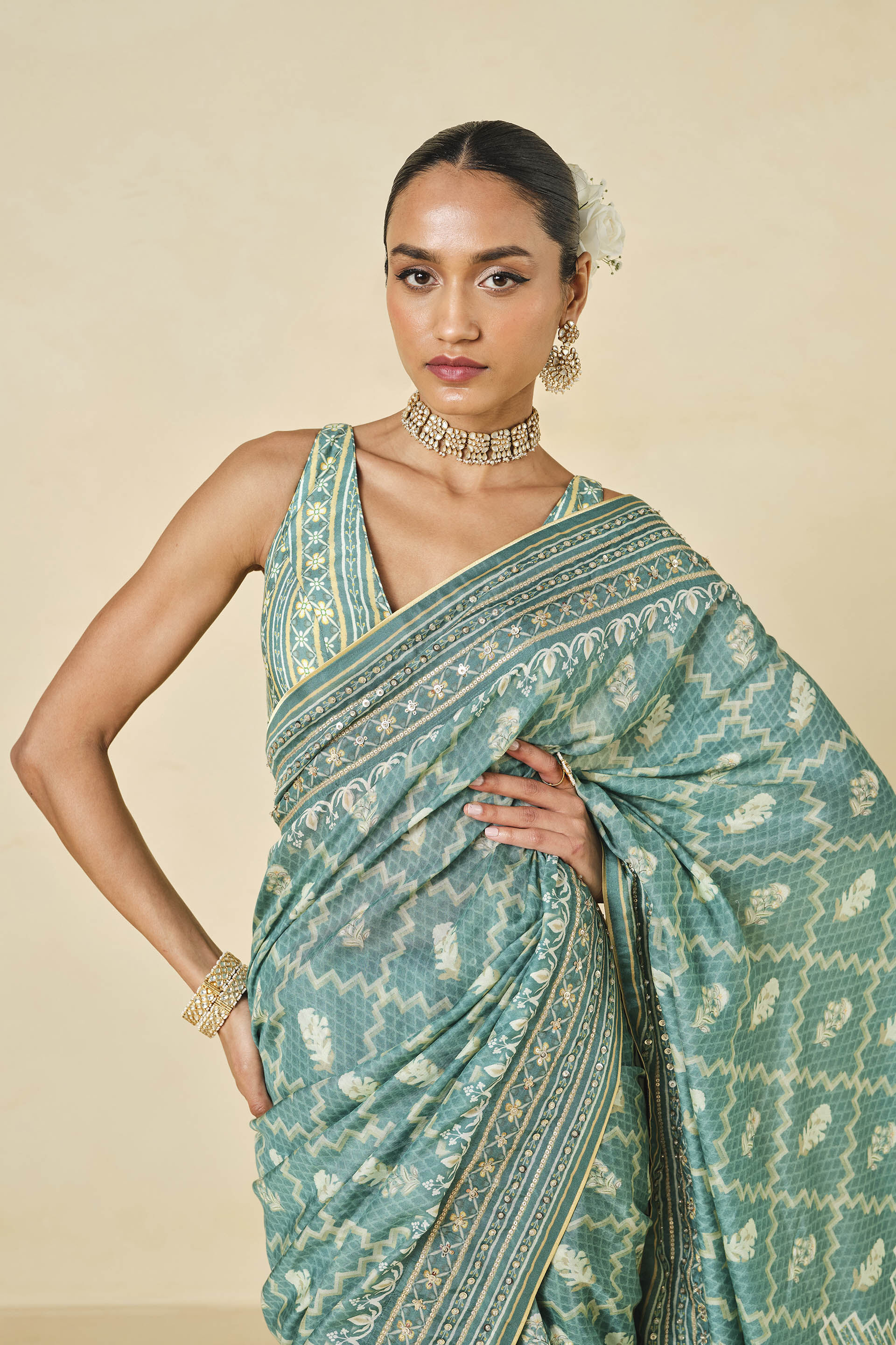 Avonmora Printed Saree - Sage, Sage, image 4