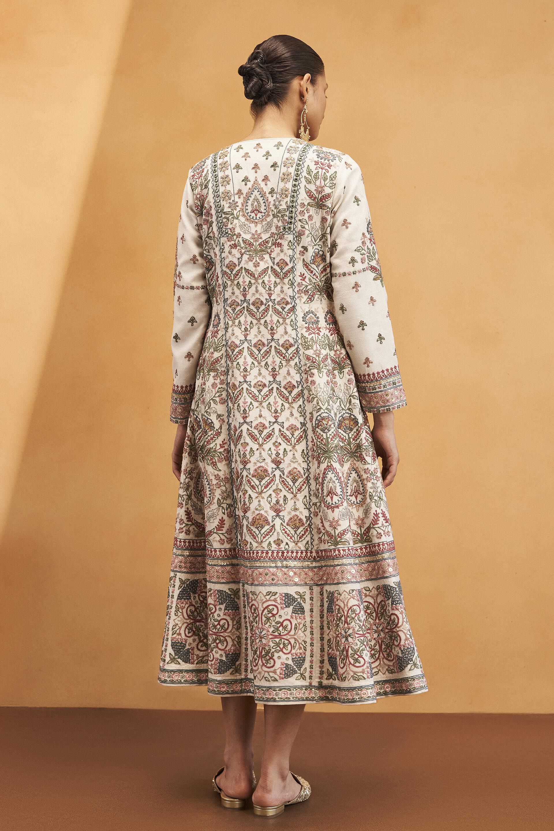 Blooms Of Paradise SEWA Hand-embroidered Silk Dress - Cream