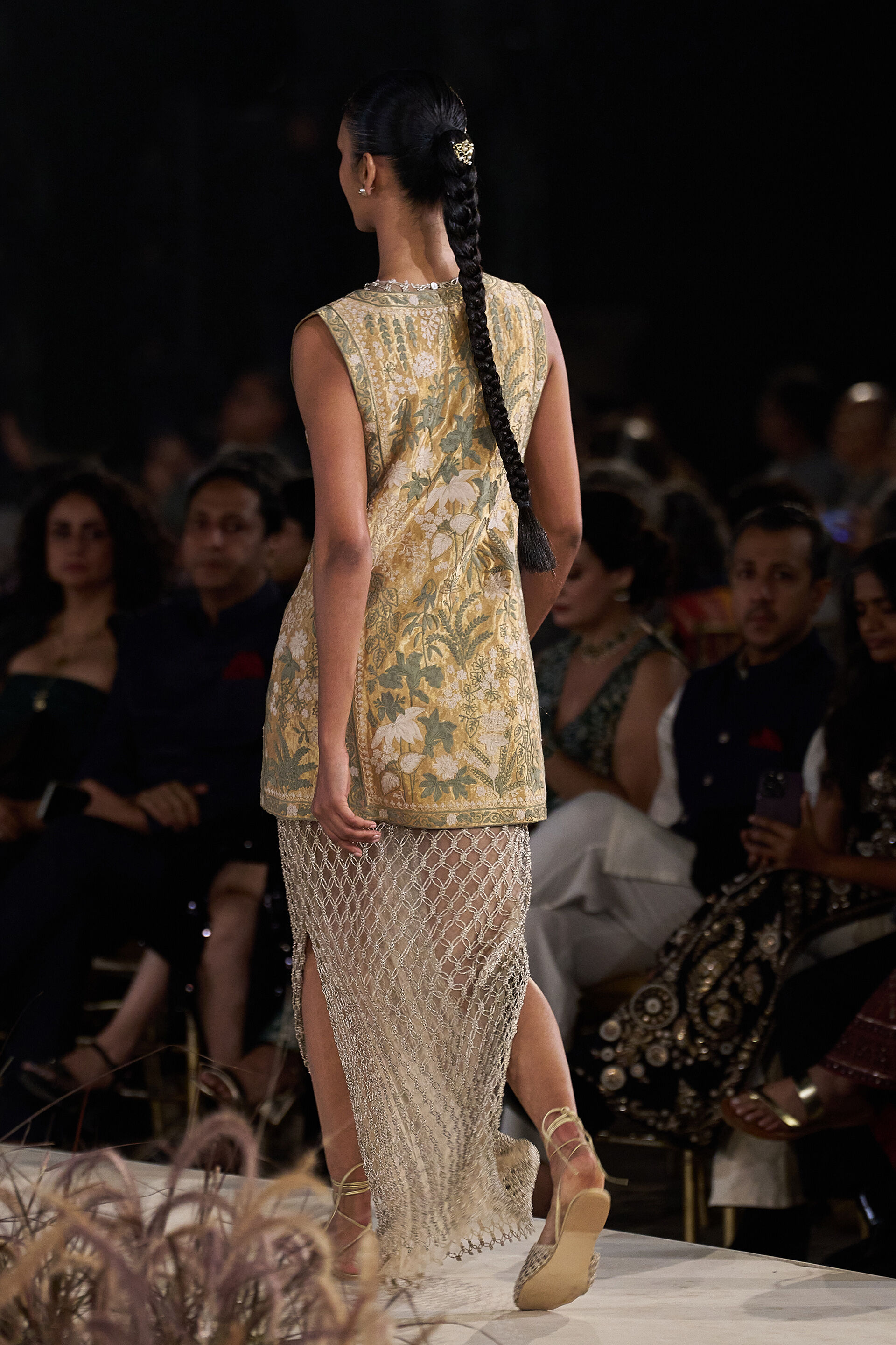 Zephyria Macrame & Embroidered Cord Gown Set - Gold