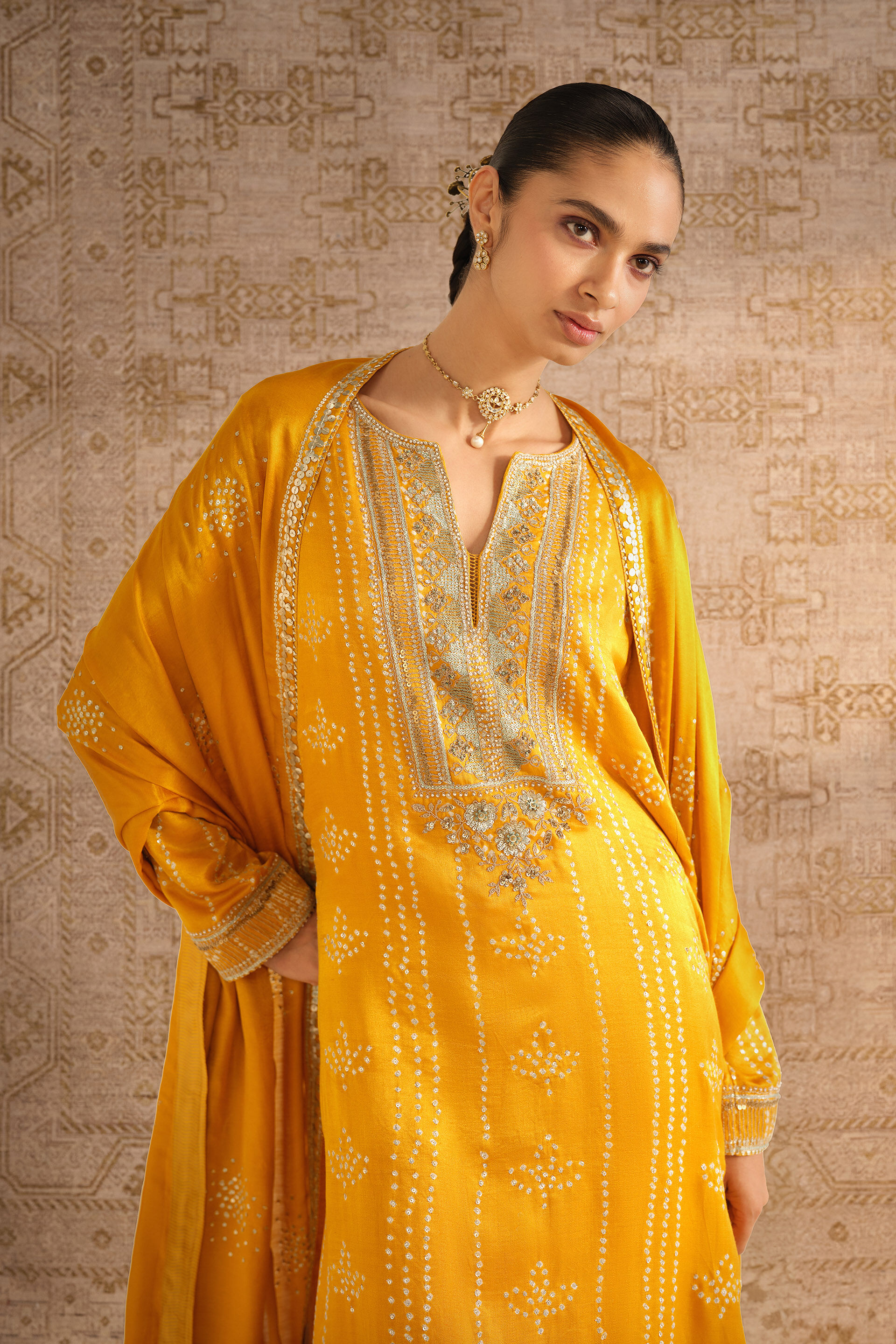 Arka Handcrafted Bandhani Silk Suit Set - Yellow, Yellow, image 4