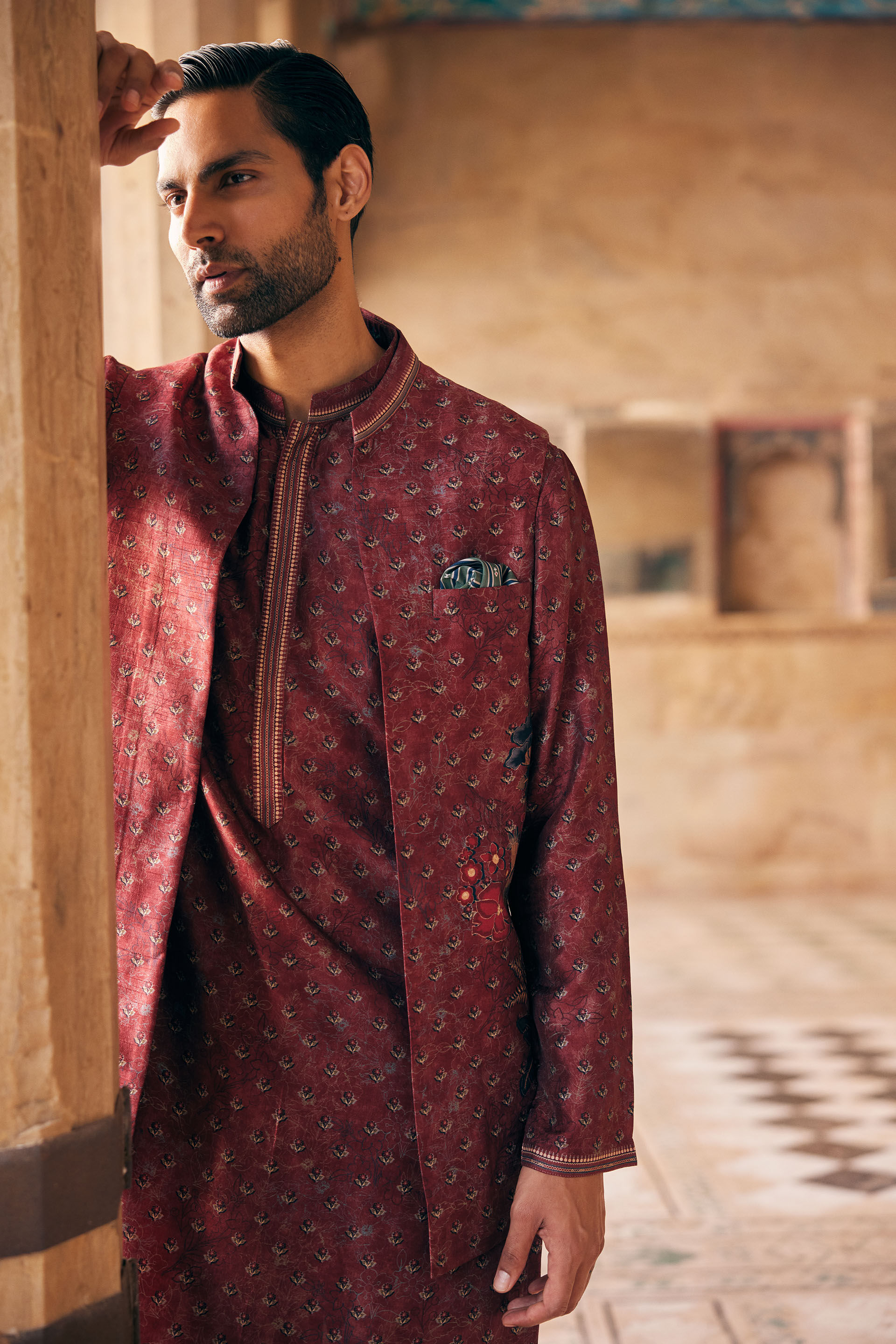 Humair Printed Silk Nehru Jacket - Maroon, Maroon, image 6