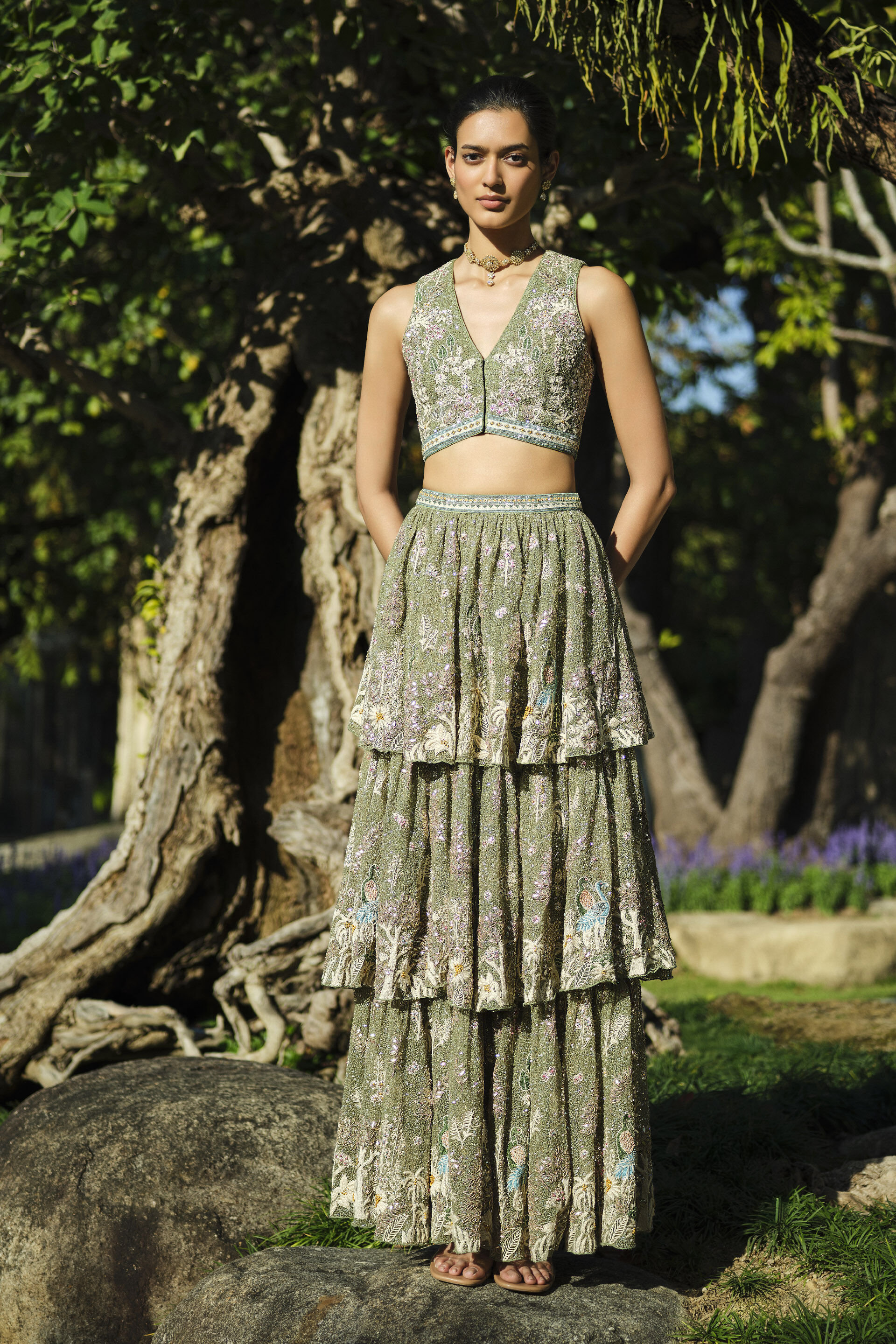 Elodea Embroidered Tiered Skirt Set - Sage
