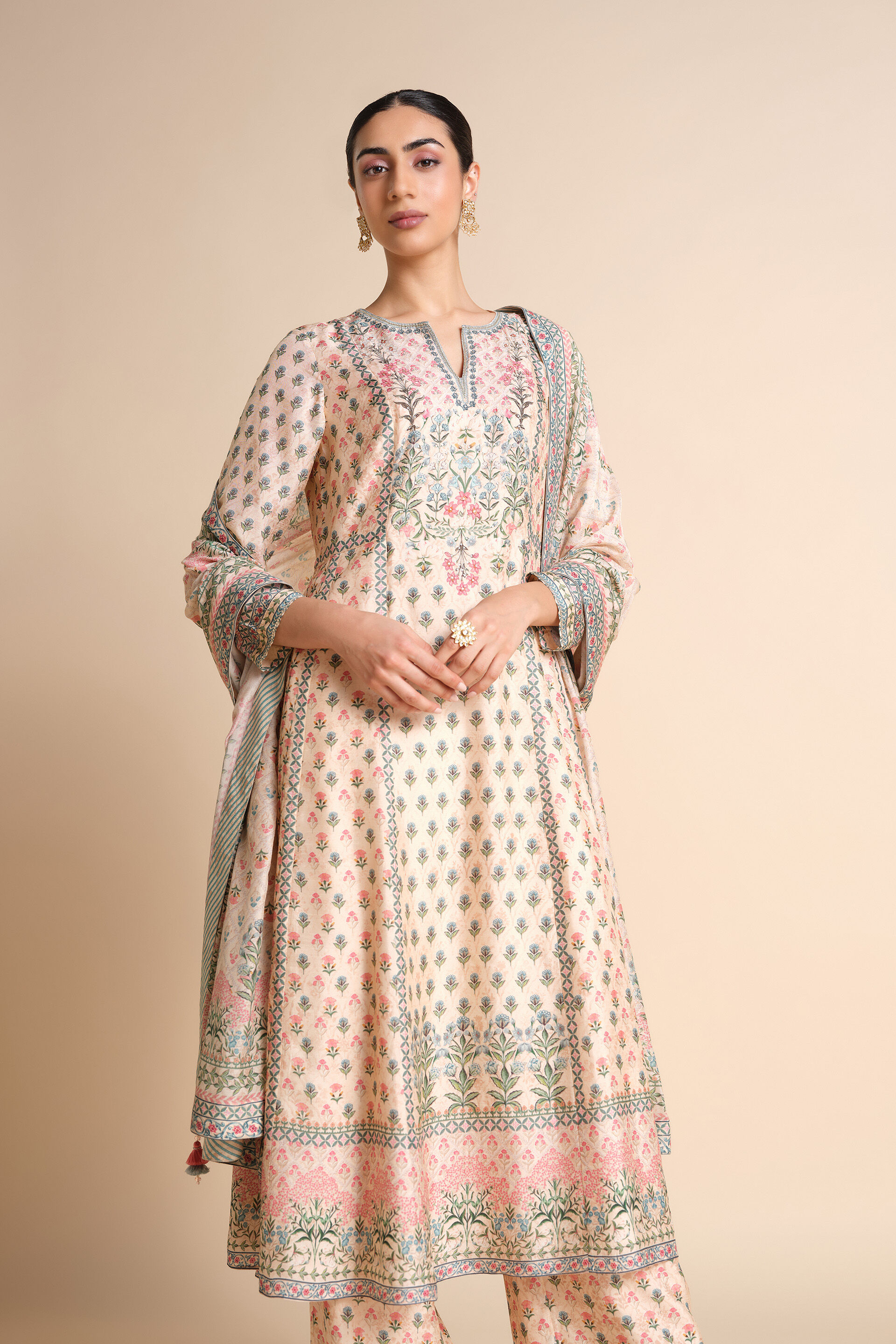 Indivarini Printed Silk Anarkali - Ivory, Ivory, image 4