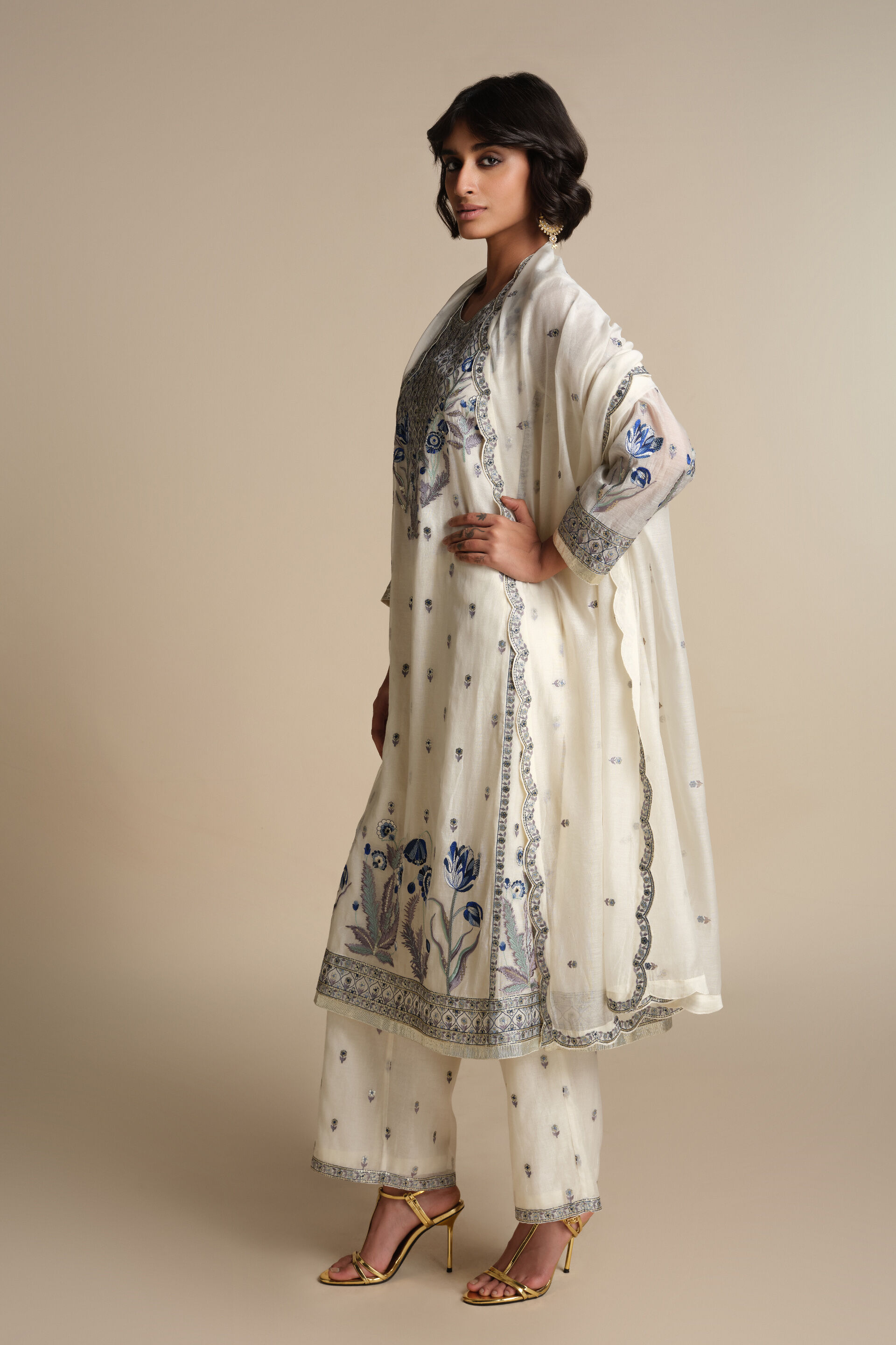 Libna Embroidered Mul Suit Set - Blue, White, image 3