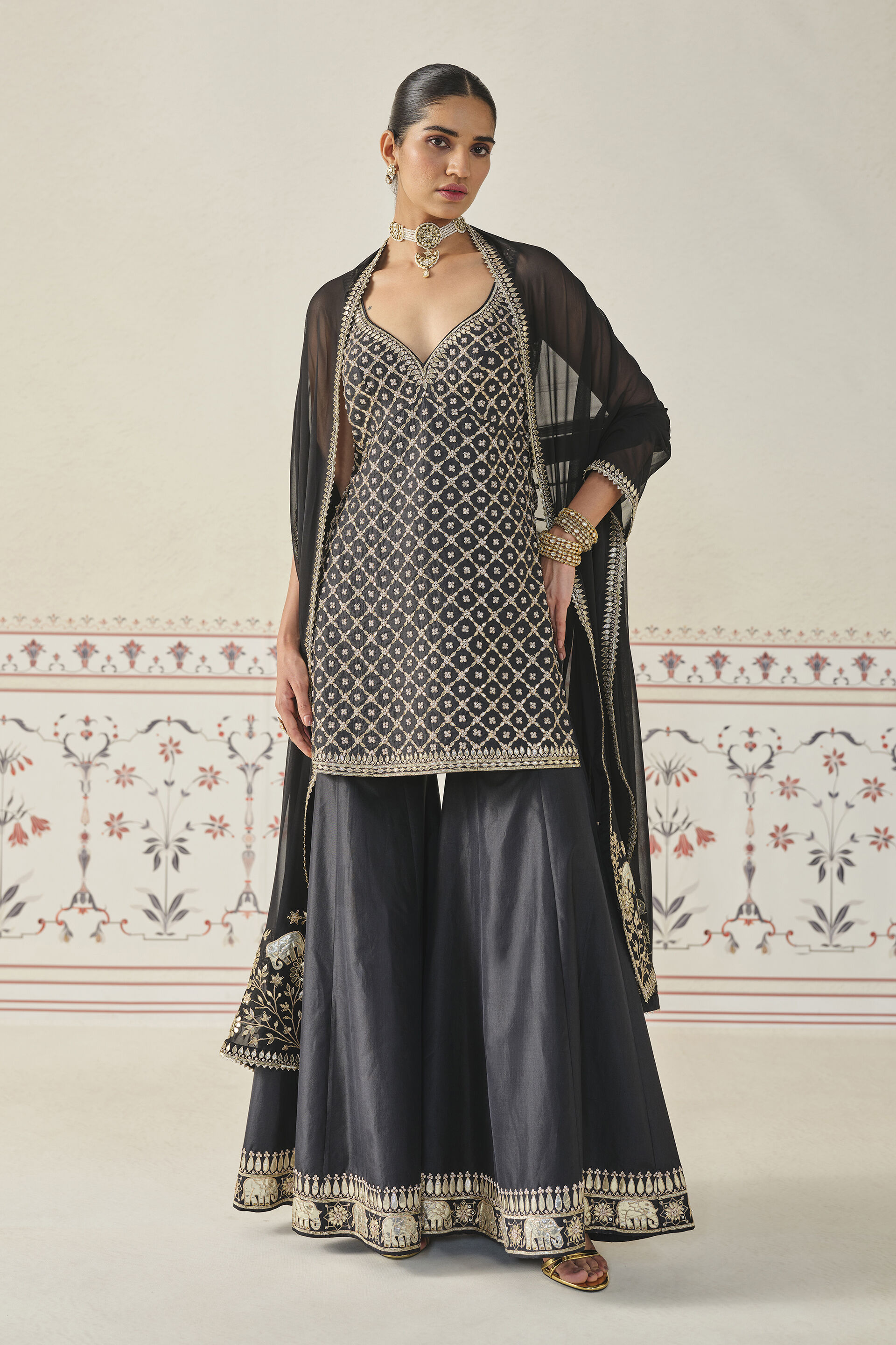 Rayna Gota Patti Silk Sharara Set - Black