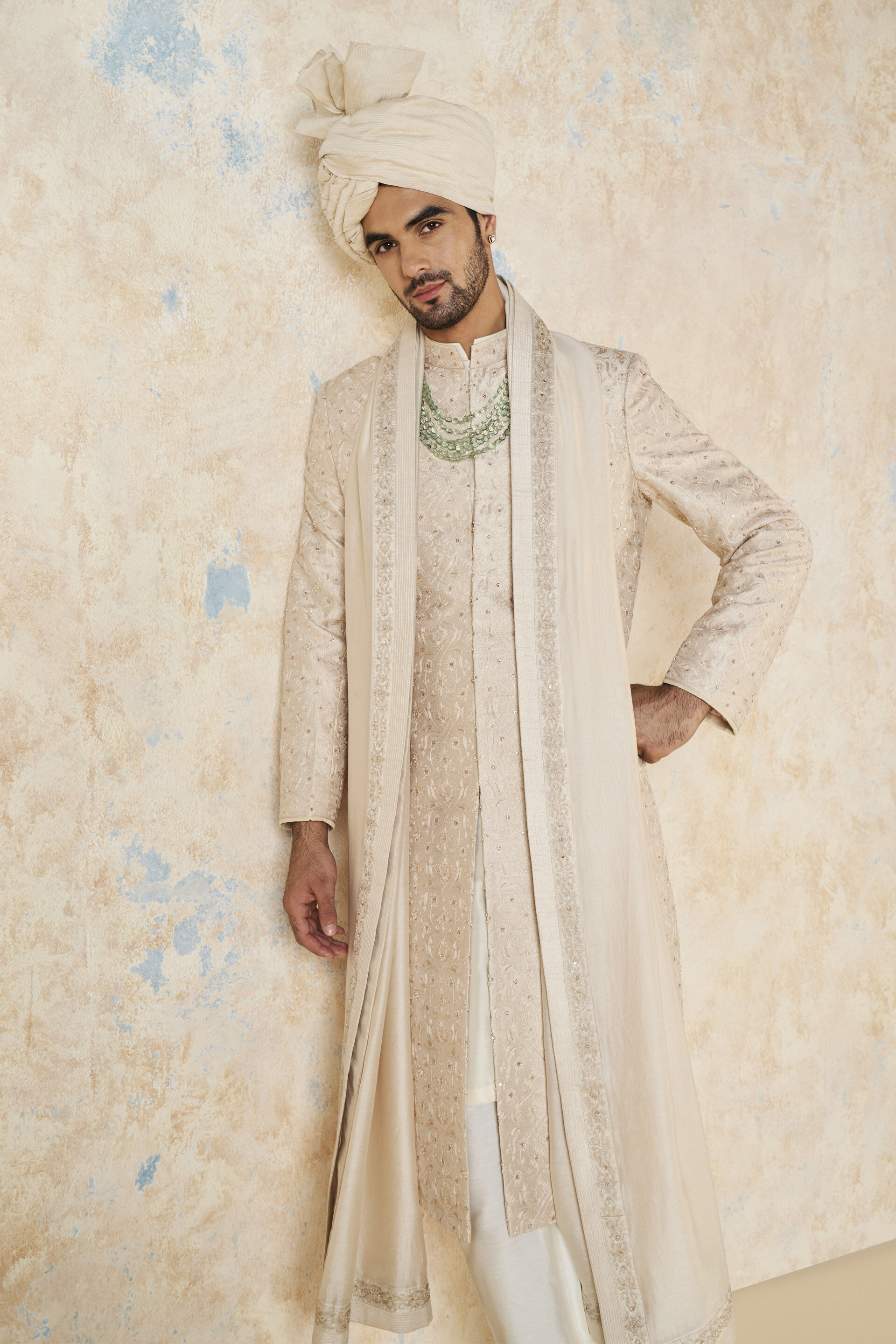 Aajay Zardozi & Aari Silk Sherwani - Ecru, Ecru, image 6