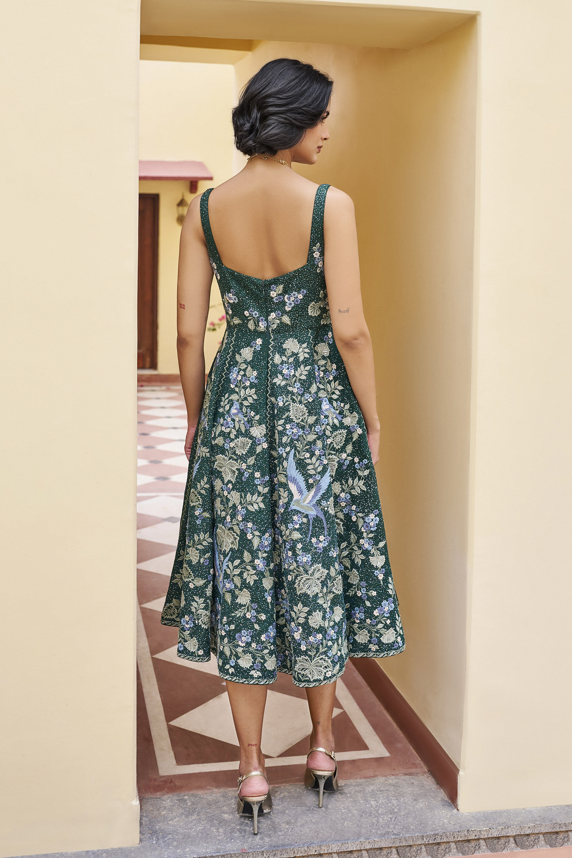 Swoon Embroidered Silk 50's Dress -&nbsp;Green, Green, image 2
