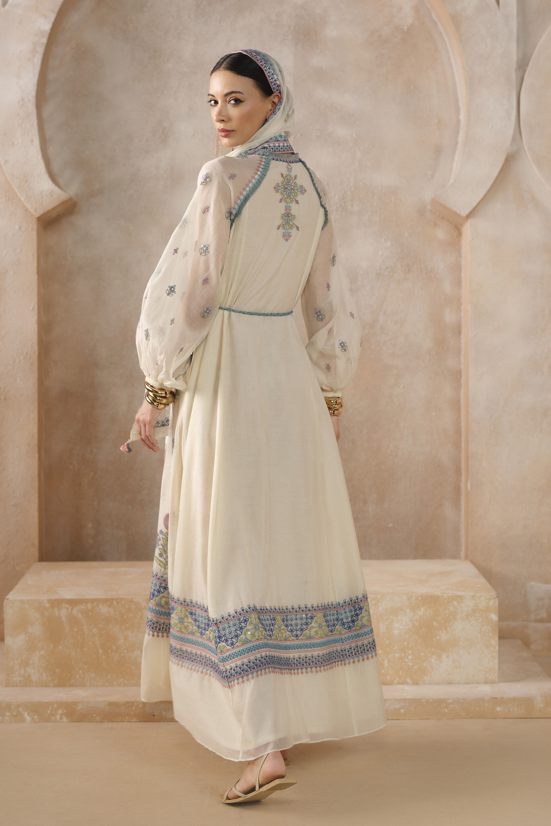 Stellara A-line Embroidered Mul Kaftan - Ivory