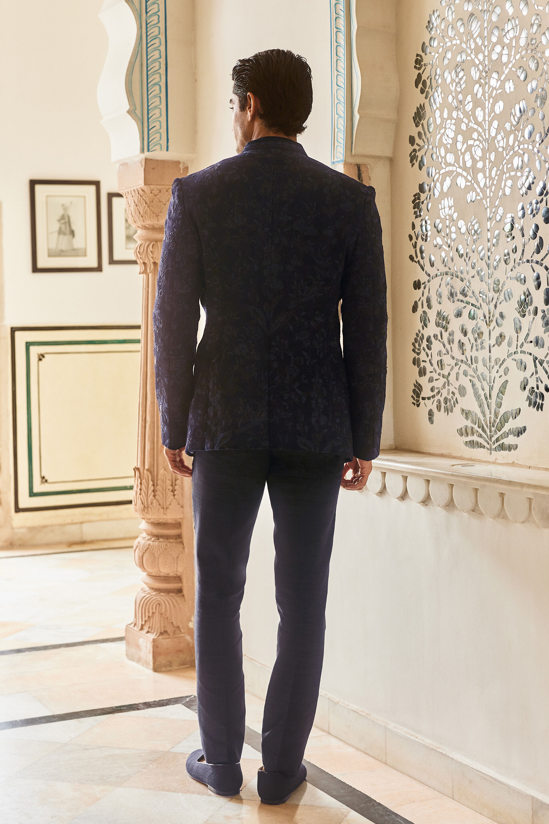 Nishay Embroidered Silk Bandhgala - Navy