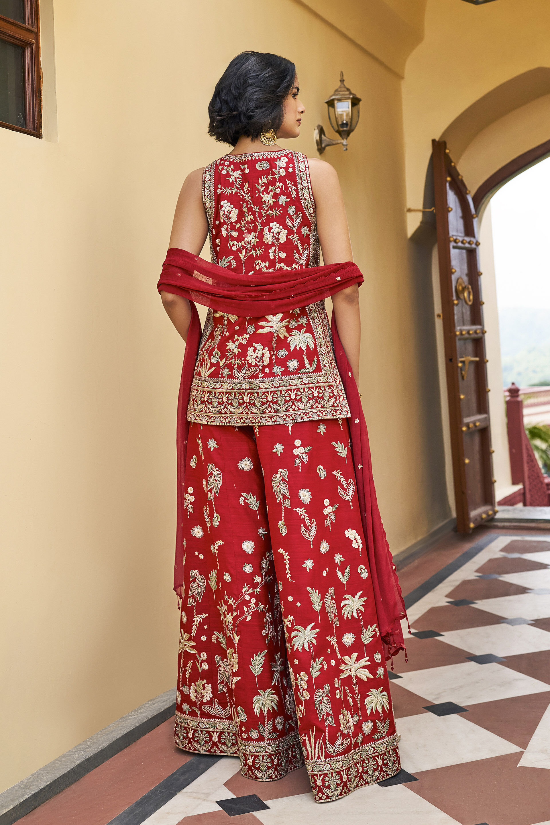 Ardour Embroidered Zardozi Silk Sharara Set - ​Red, Red, image 2