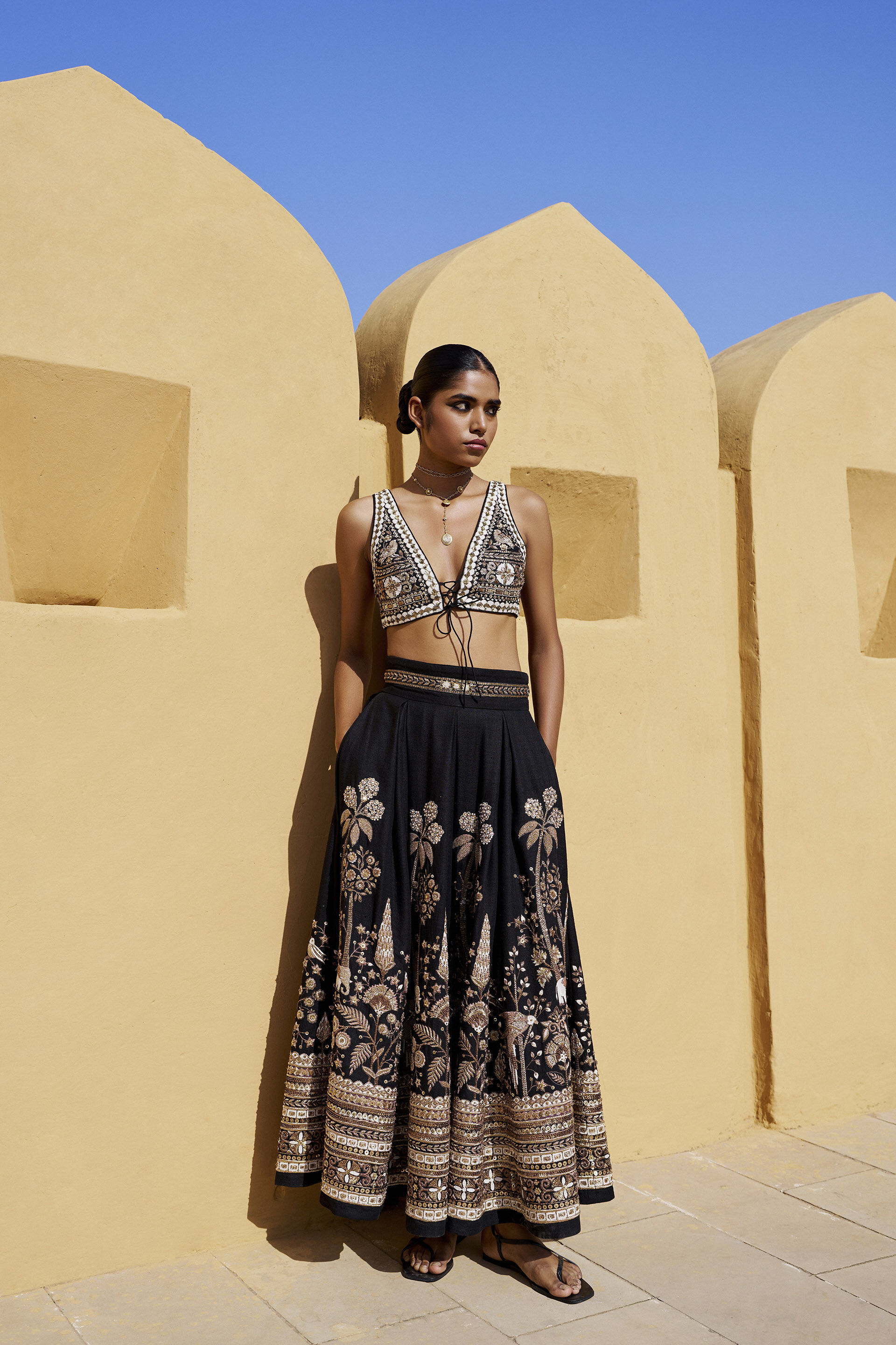 Pride Of The Forest Embroidered Zardozi Silk Skirt Set - Black