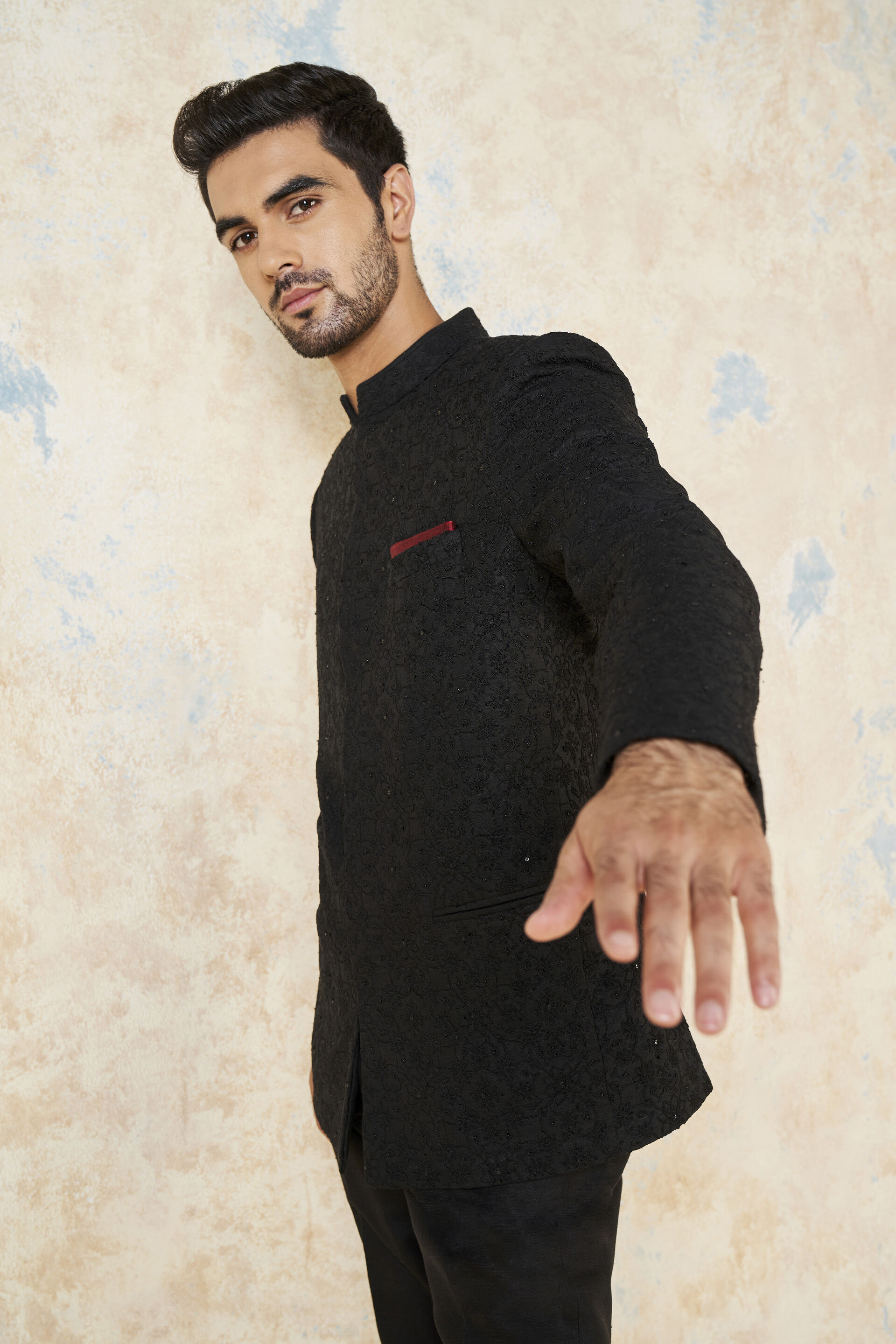 Aadav Embroidered Cord Silk Bandhgala - Black, Black, image 6