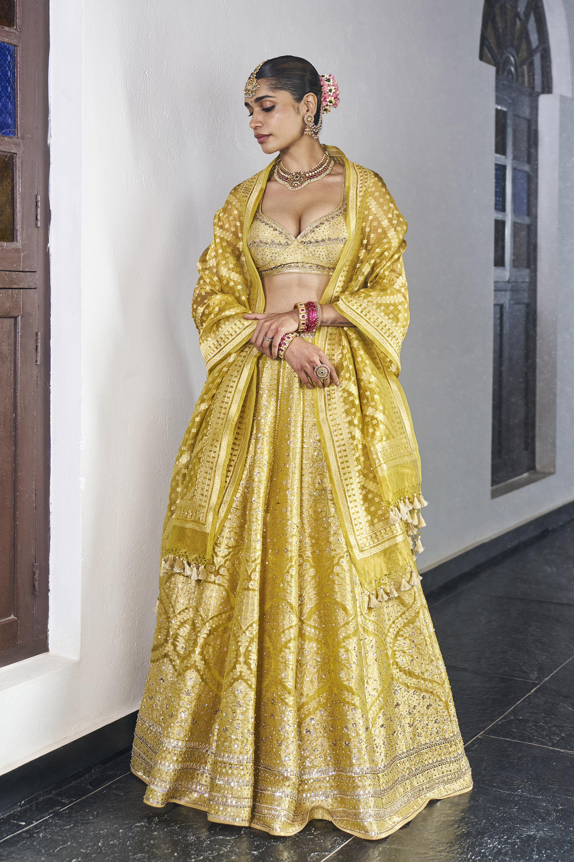 Ishq Benarasi Silk Lehenga Set - Yellow, Yellow, image 1