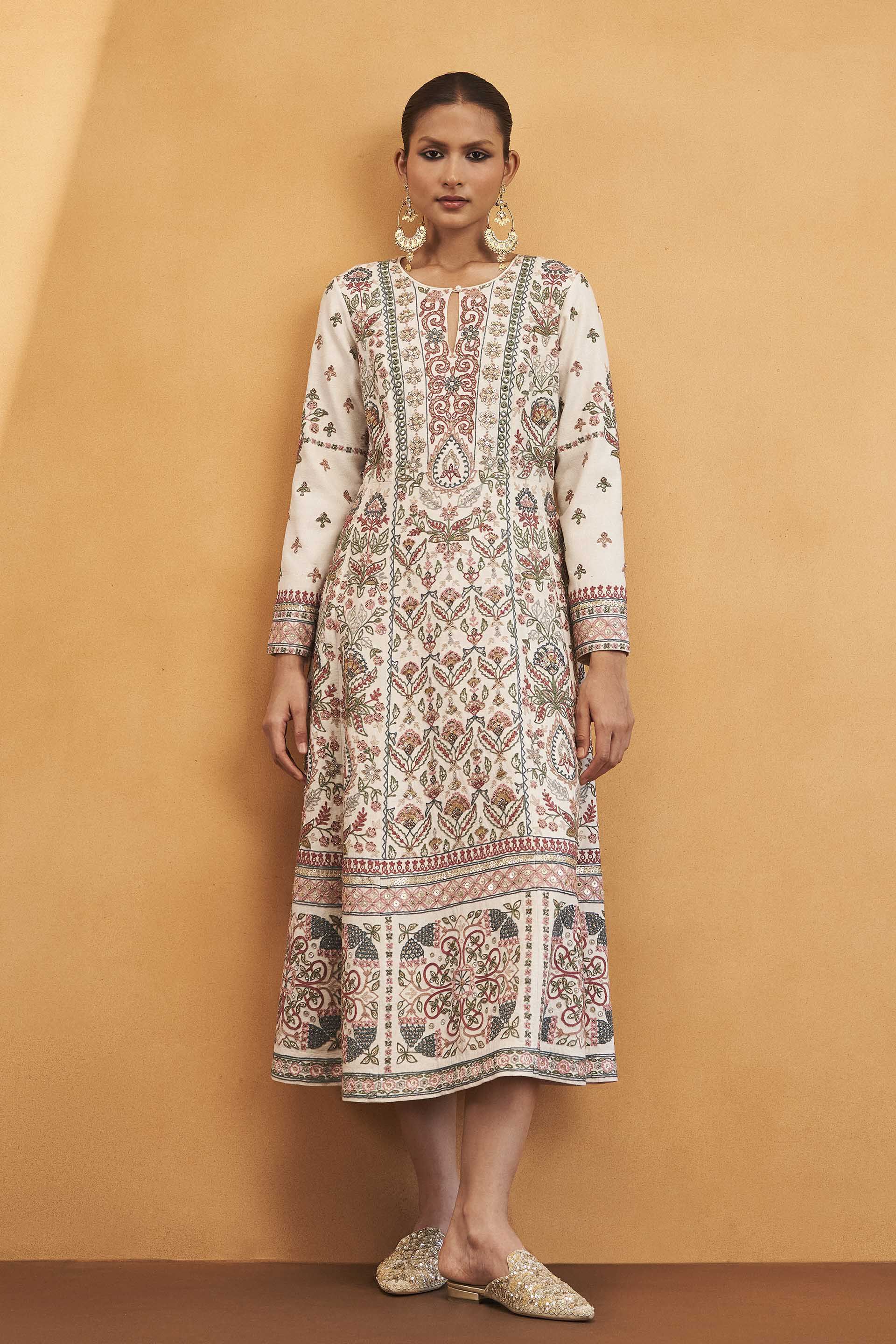 Blooms Of Paradise SEWA Hand-embroidered Silk Dress - Cream
